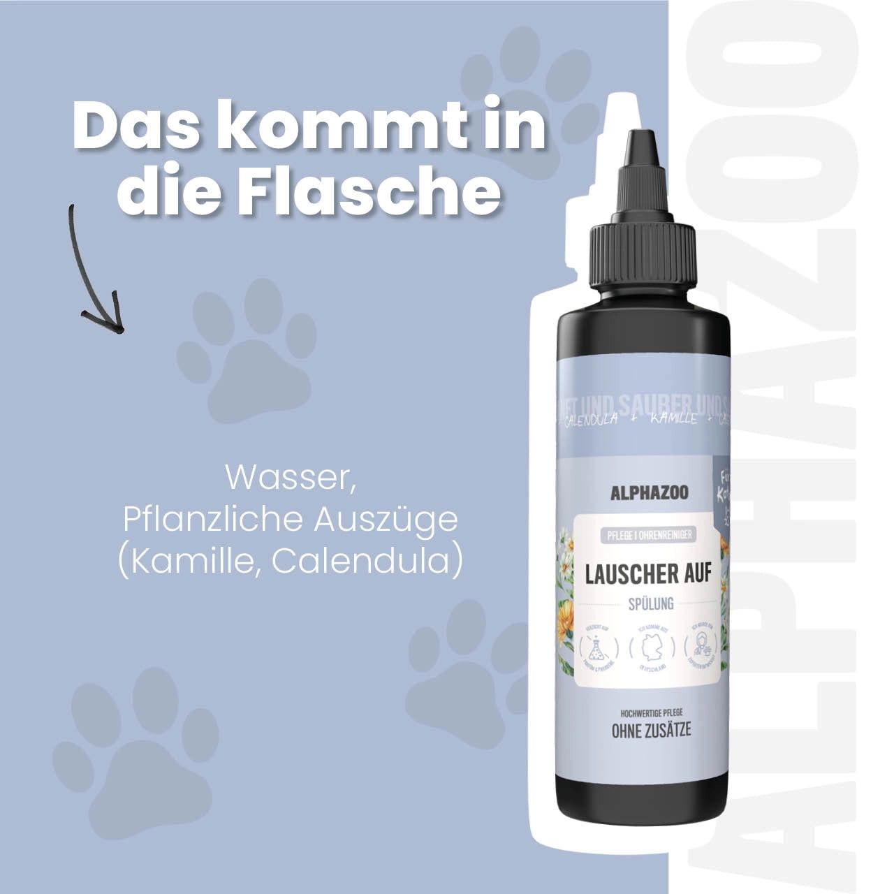 Flasche mit Inhaltsangabe: Wasser, pflanzliche Auszüge (Kamille, Calendula). Text: alphazoo, Lauscher Auf, Spülung. Ohne Zusätze.