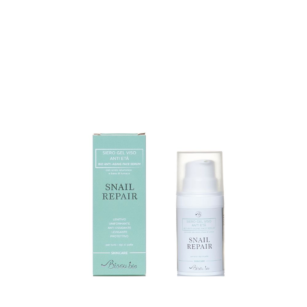 Siero viso e confezione. Scritta: Snail Repair. Marchio: BisouBio.
