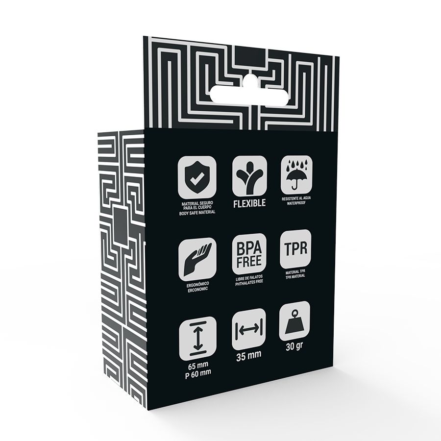 Verpackung mit Piktogrammen: flexibel, wasserdicht, BPA-frei, TPR-Material, ergonomisch, 35 mm, 65 mm, 30 g.
