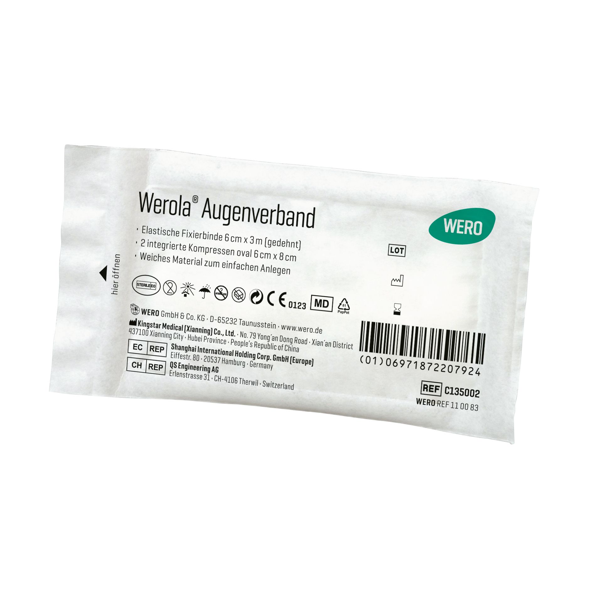 Werola Augenverband in weißer Verpackung. Text: Elastische Fixierbinde, 6 cm x 3 m, 2 integrierte Kompressen oval 6 cm x 8 cm. WERO Logo.