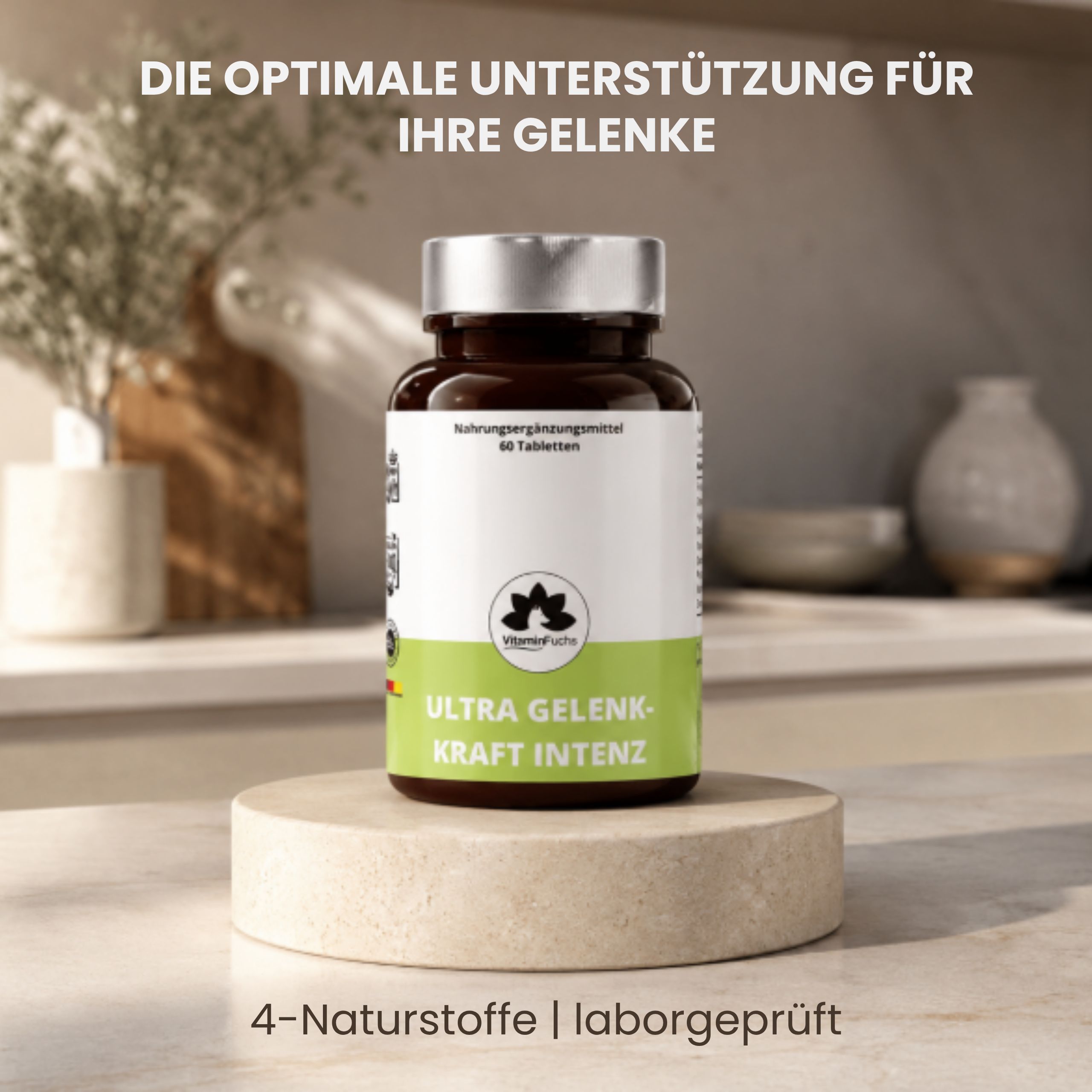 Flasche mit Tabletten auf einem Podest. Text: Die optimale Unterstützung für Ihre Gelenke. 4-Naturstoffe | laborgeprüft.