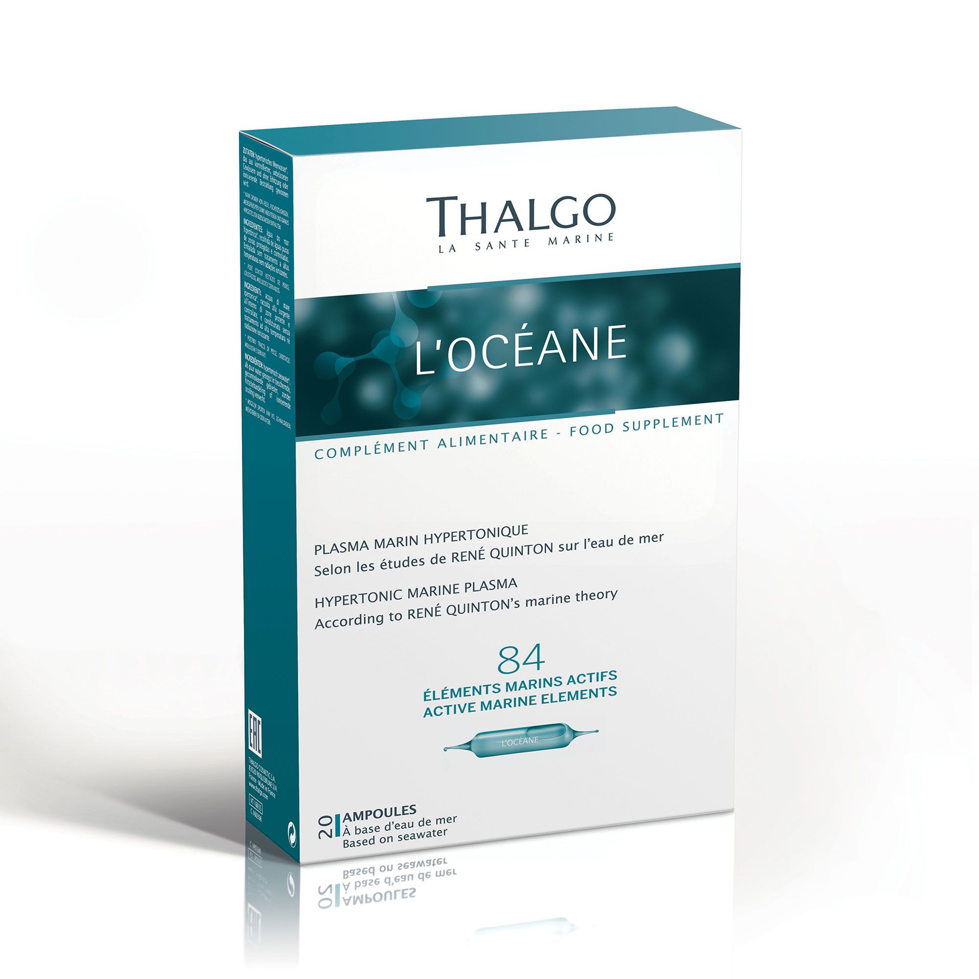 Kartonverpackung, weiß mit blauem Design, L'Océane-Logo. Enthält 84 Ampullen. Text: Nahrungsergänzungsmittel, Plasma Marin Hypertonique.