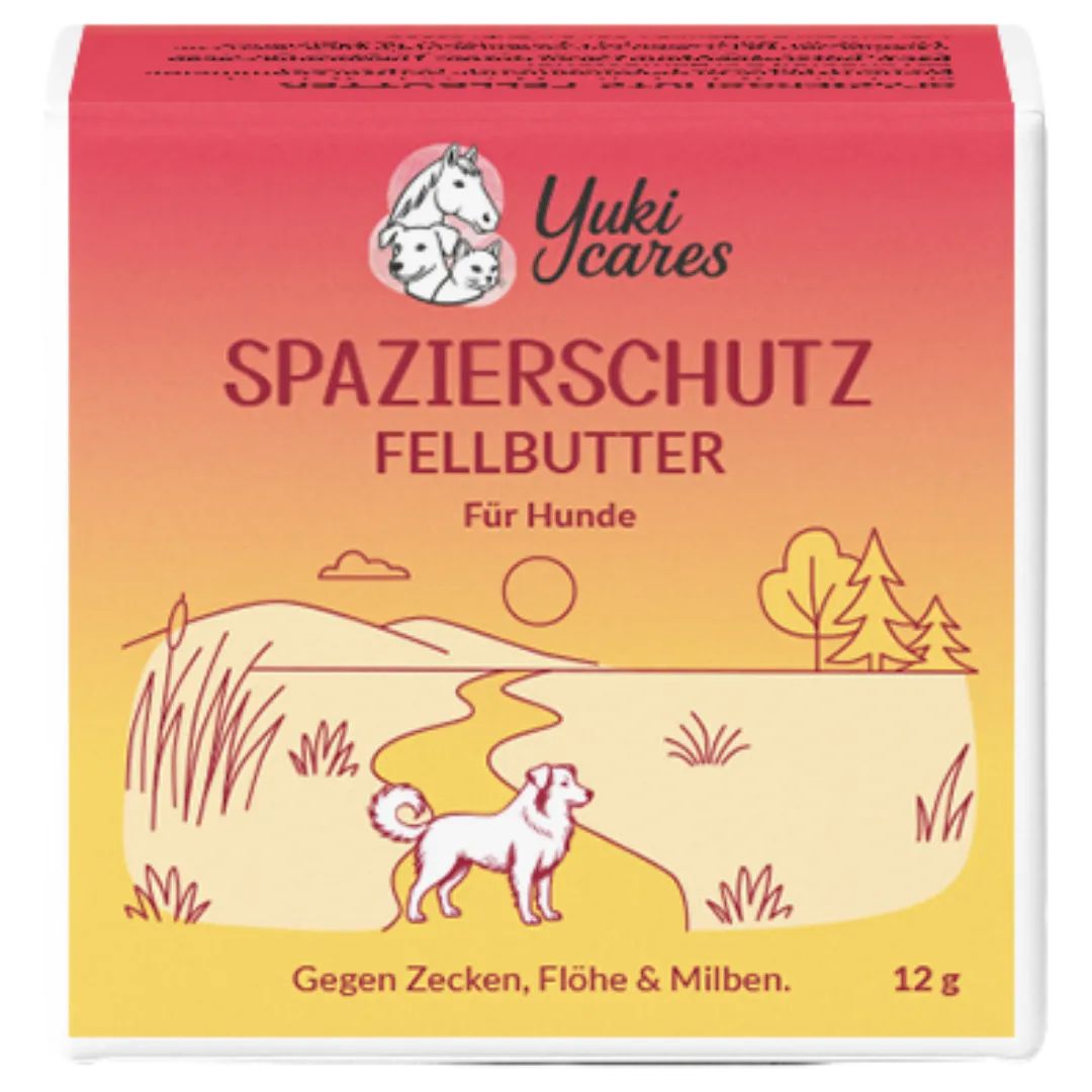 Produktverpackung. Text: Spazierschutz Fellbutter für Hunde. Gegen Zecken, Flöhe & Milben. 12g. Logo: Yuki cares.