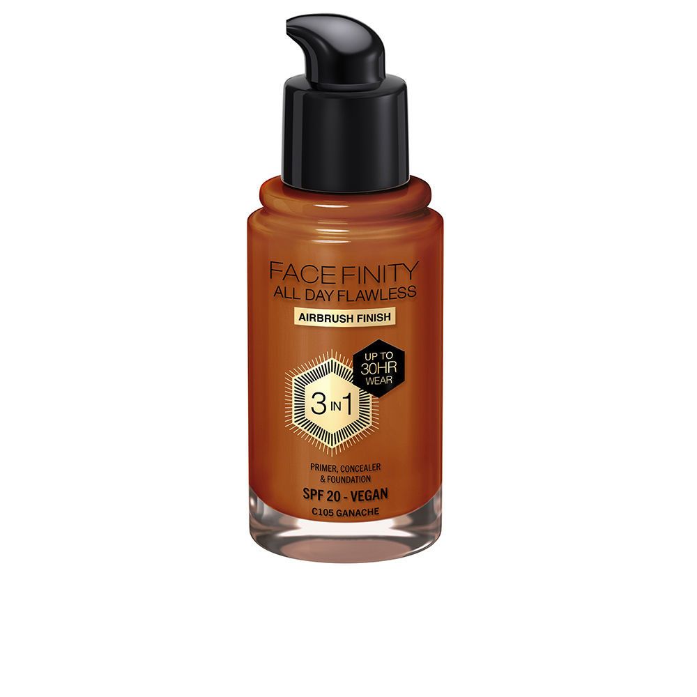 Braune Foundation-Flasche mit schwarzem Pumpkopf. Aufschrift: FACE FINITY ALL DAY FLAWLESS, 3 in 1, Airbrush Finish, SPF 20, vegan.