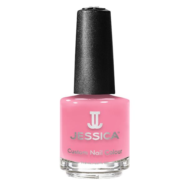 Rosa Nagellackflasche mit schwarzem Deckel. Aufschrift: JESSICA Custom Nail Colour.