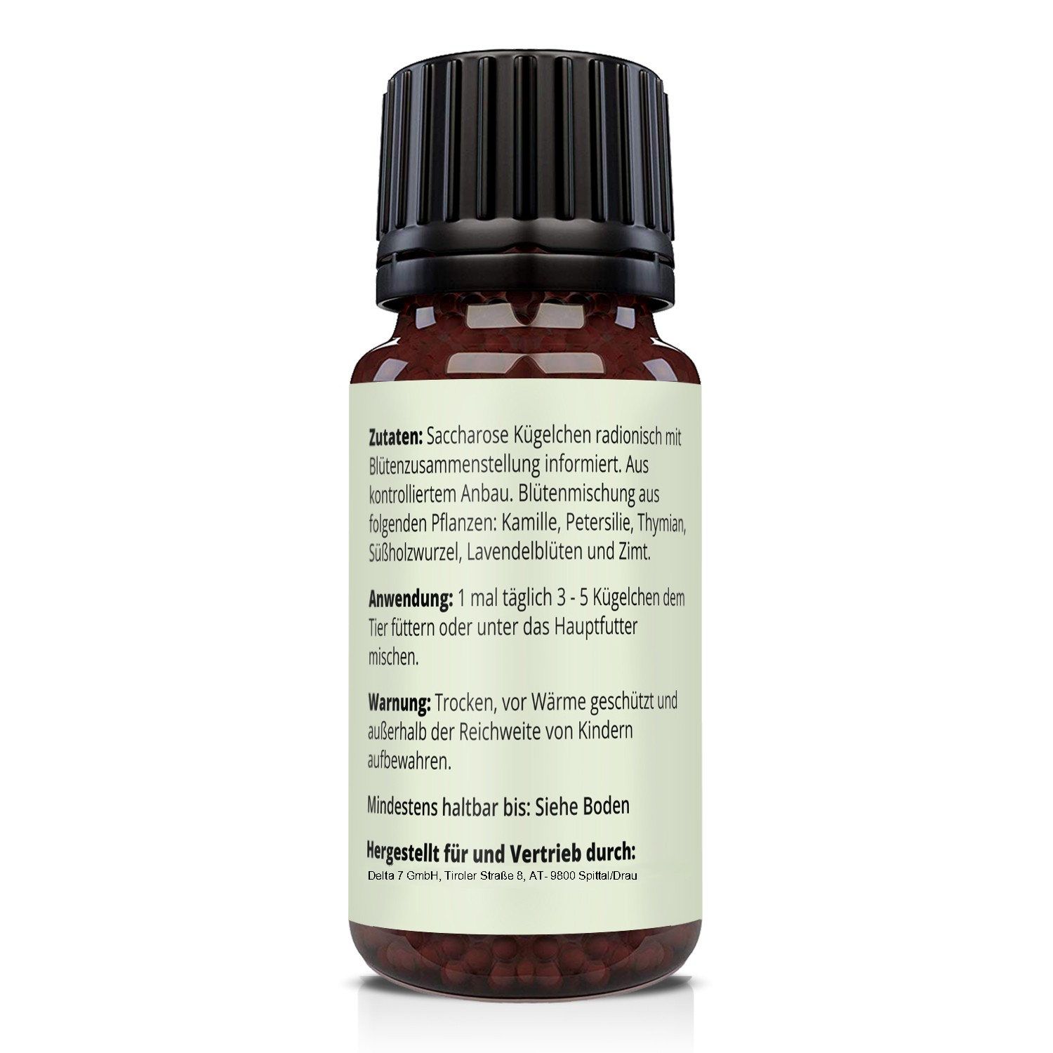 Braune Glasflasche mit schwarzem Deckel. Rückseite mit Text. Zutaten, Anwendung, Warnung und Mindesthaltbarkeit.