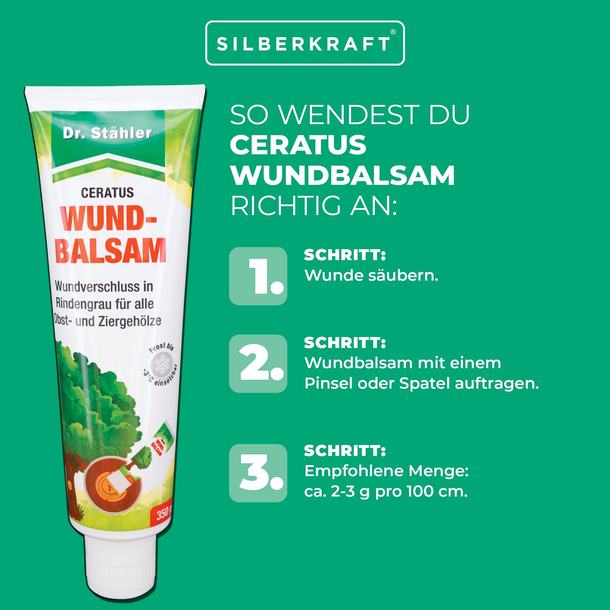Tube mit Produktname und Anwendungsanleitung. Text: So wenden Sie Ceratus Wundbalsam richtig an. Schritte 1-3. Marke: SILBERKRAFT.
