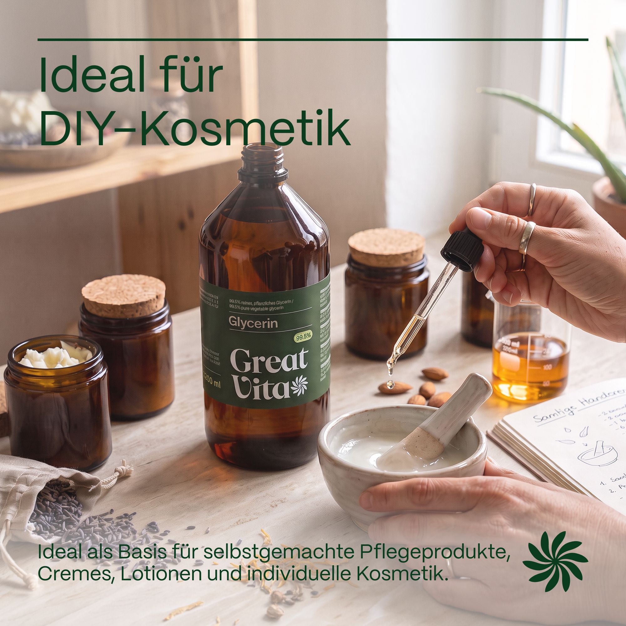 Glycerin-Flasche auf einem Tisch, umgeben von Zutaten und Behältern für DIY-Kosmetik.