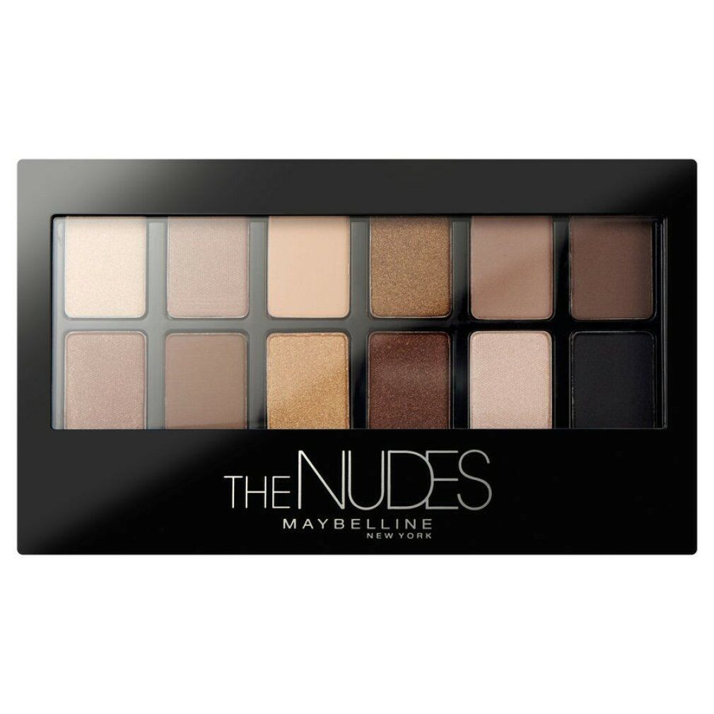 Lidschatten-Palette mit 12 Farbtönen. Schwarze Verpackung mit transparentem Deckel. Aufschrift: THE NUDES MAYBELLINE New York.