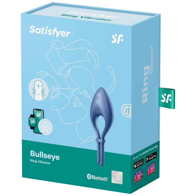 Verpackung von Satisfyer Bullseye Ring Vibrator. Hellblaue Schachtel mit Produktabbildung und Logo. Bluetooth-Logo.