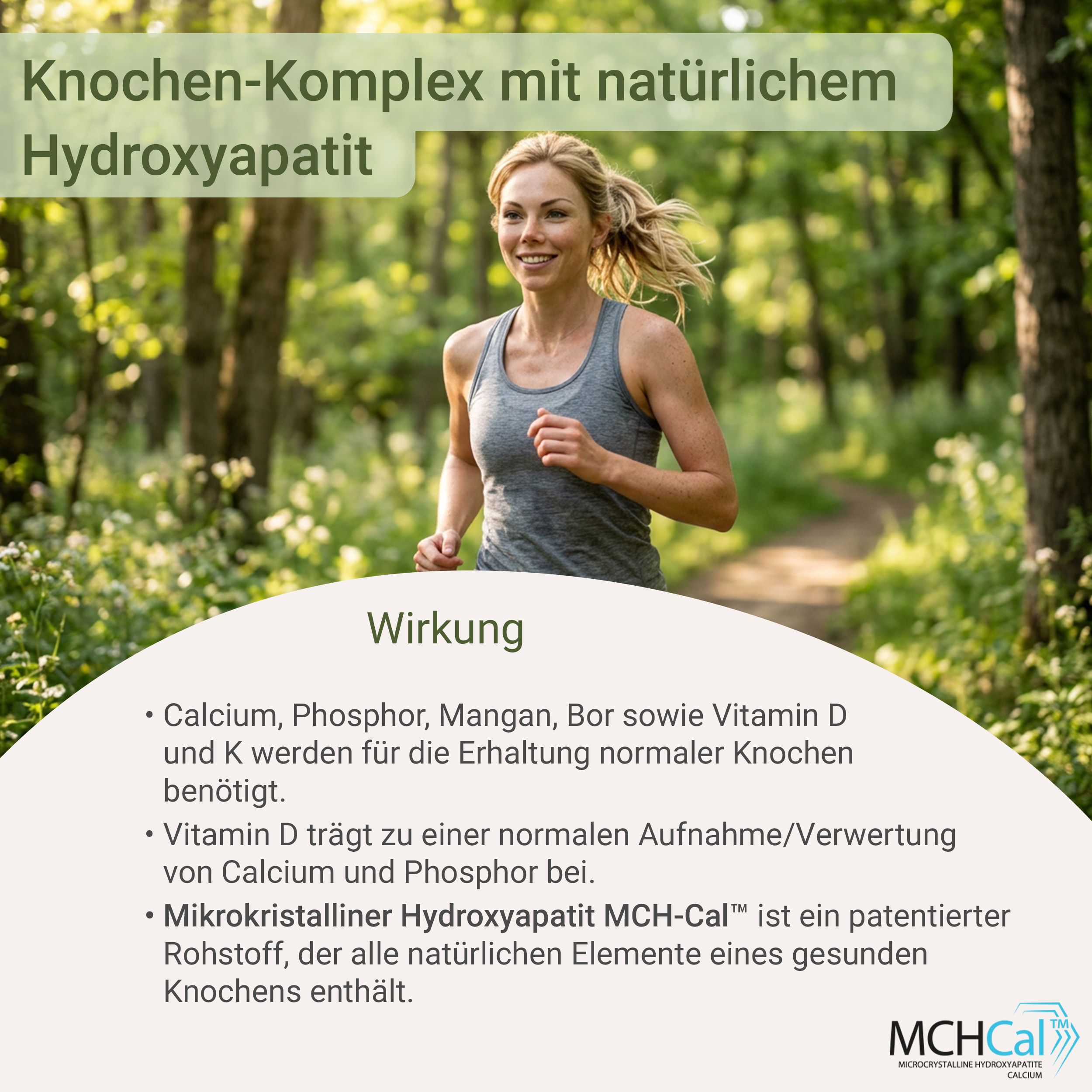 Frau beim Laufen im Wald, mit Text über die Wirkung von Osteo Komplex.
