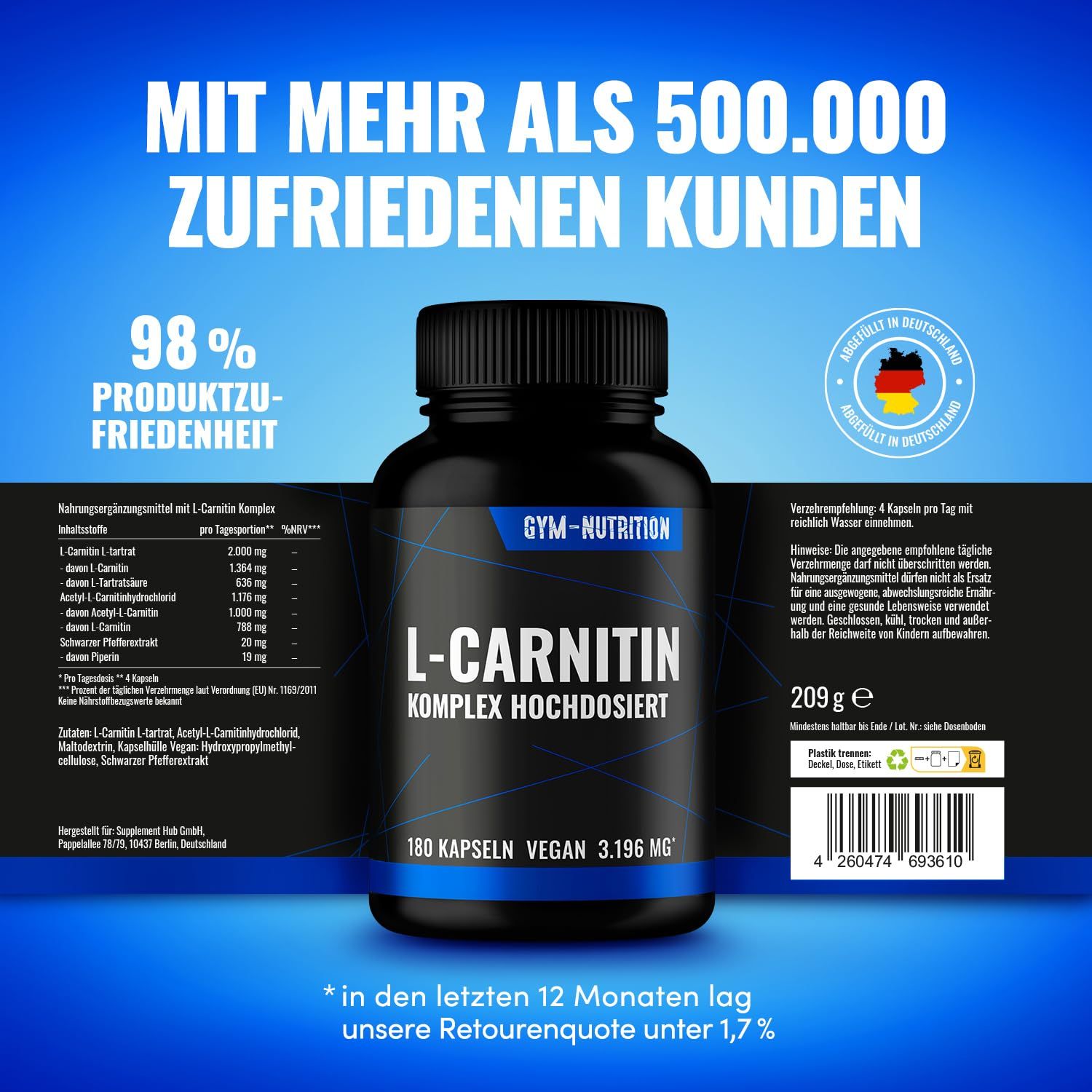 Dose L-Carnitin Kapseln, 180 Stück, vegan, 3.196 mg, mit Produktinformationen und Deutschlandflagge.
