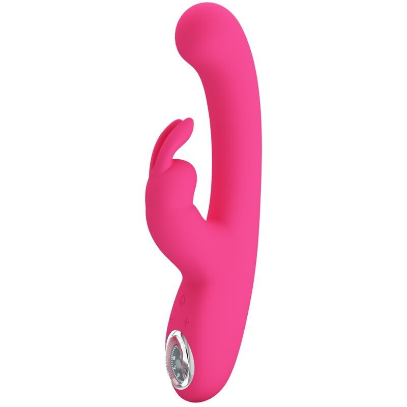 Rosa Vibrator mit gebogener Form, Hasenohren-Design und Bedienfeld. Silikon-Material. Seitliche Ansicht.