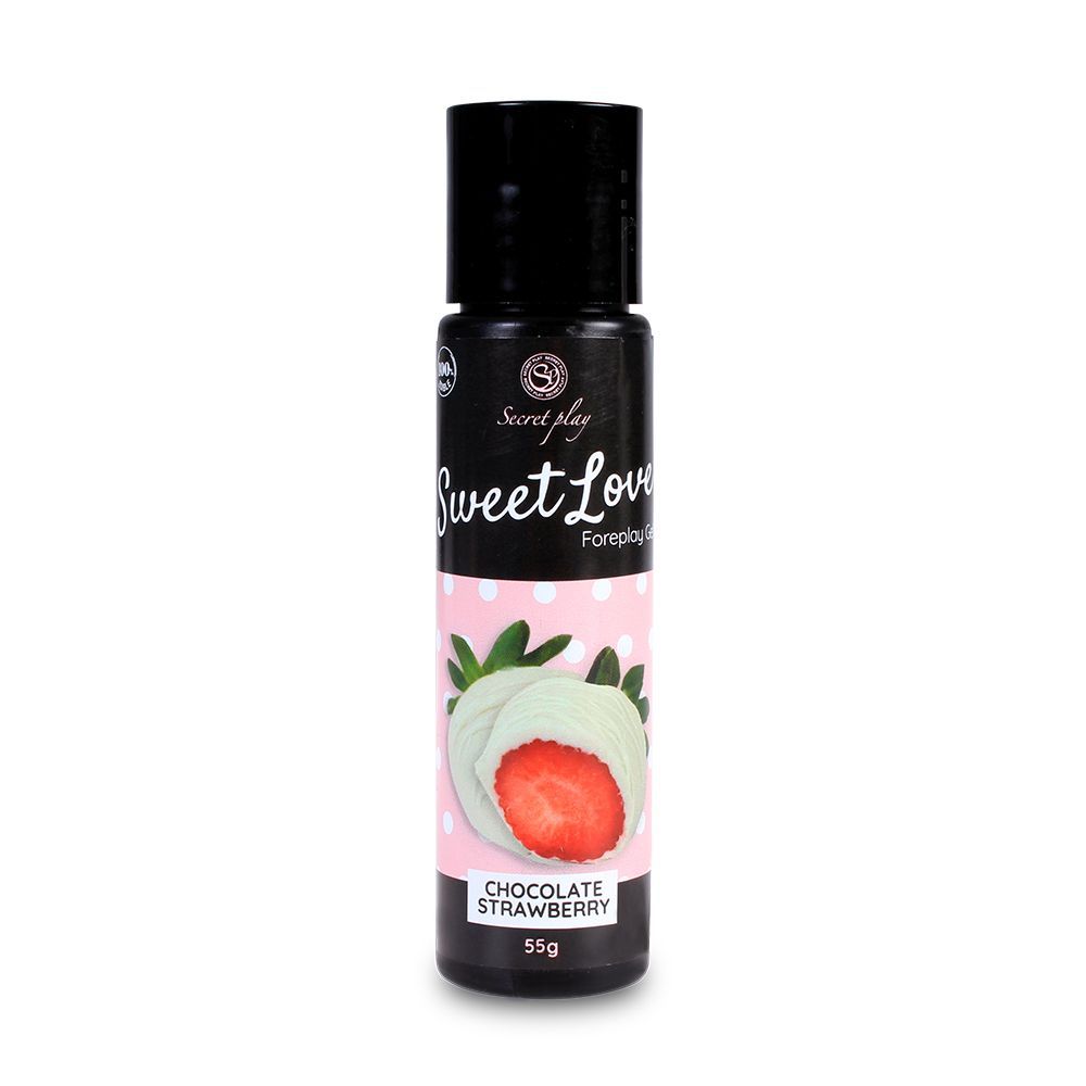 Schwarze Flasche mit schwarzem Deckel. Aufschrift: Sweet Love Foreplay Gel. Abbildung: Erdbeere mit Schokoladenüberzug.