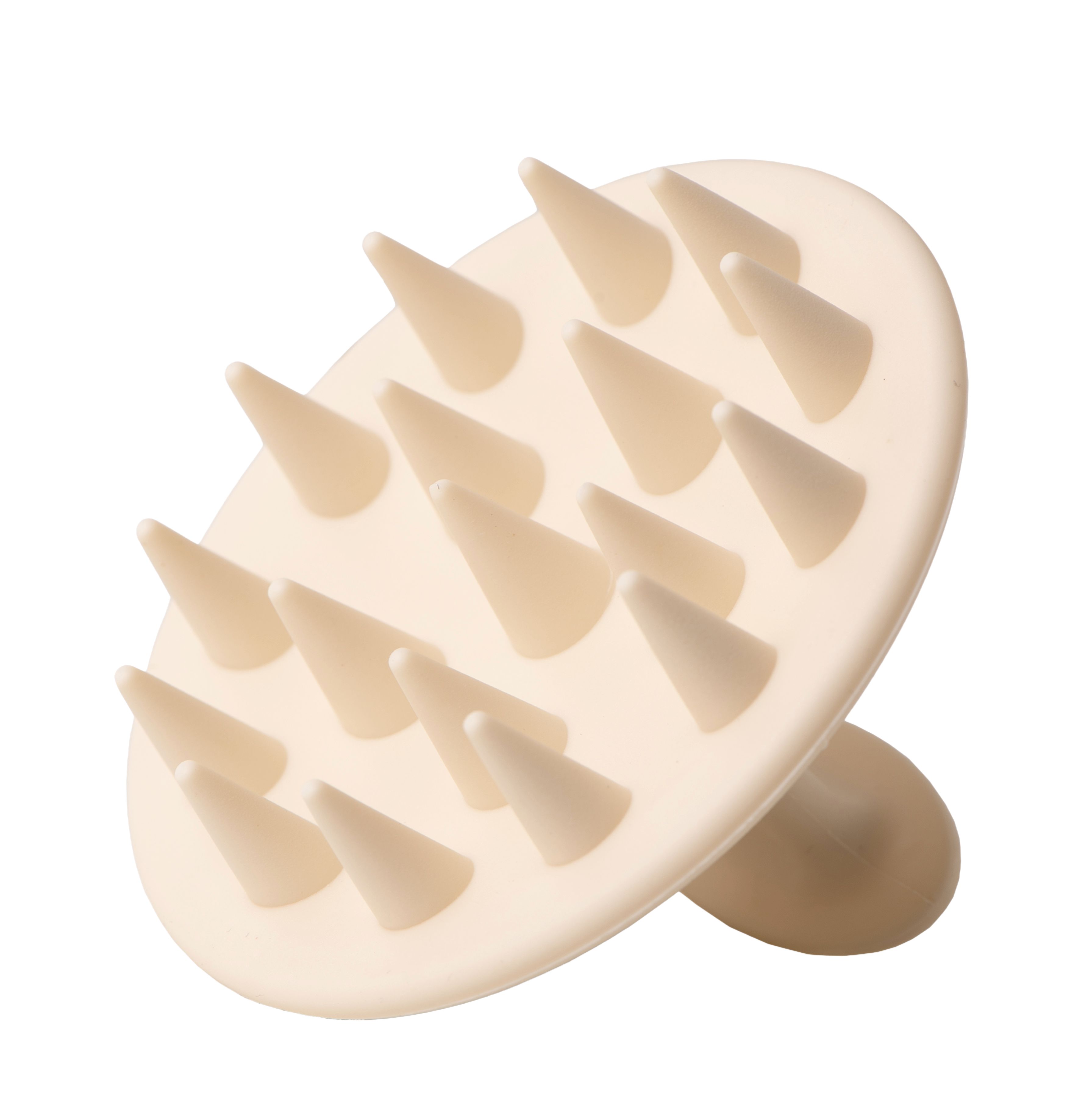 Kopfhautbürste. Beige, runde Form mit kegelförmigen Borsten und Griff.