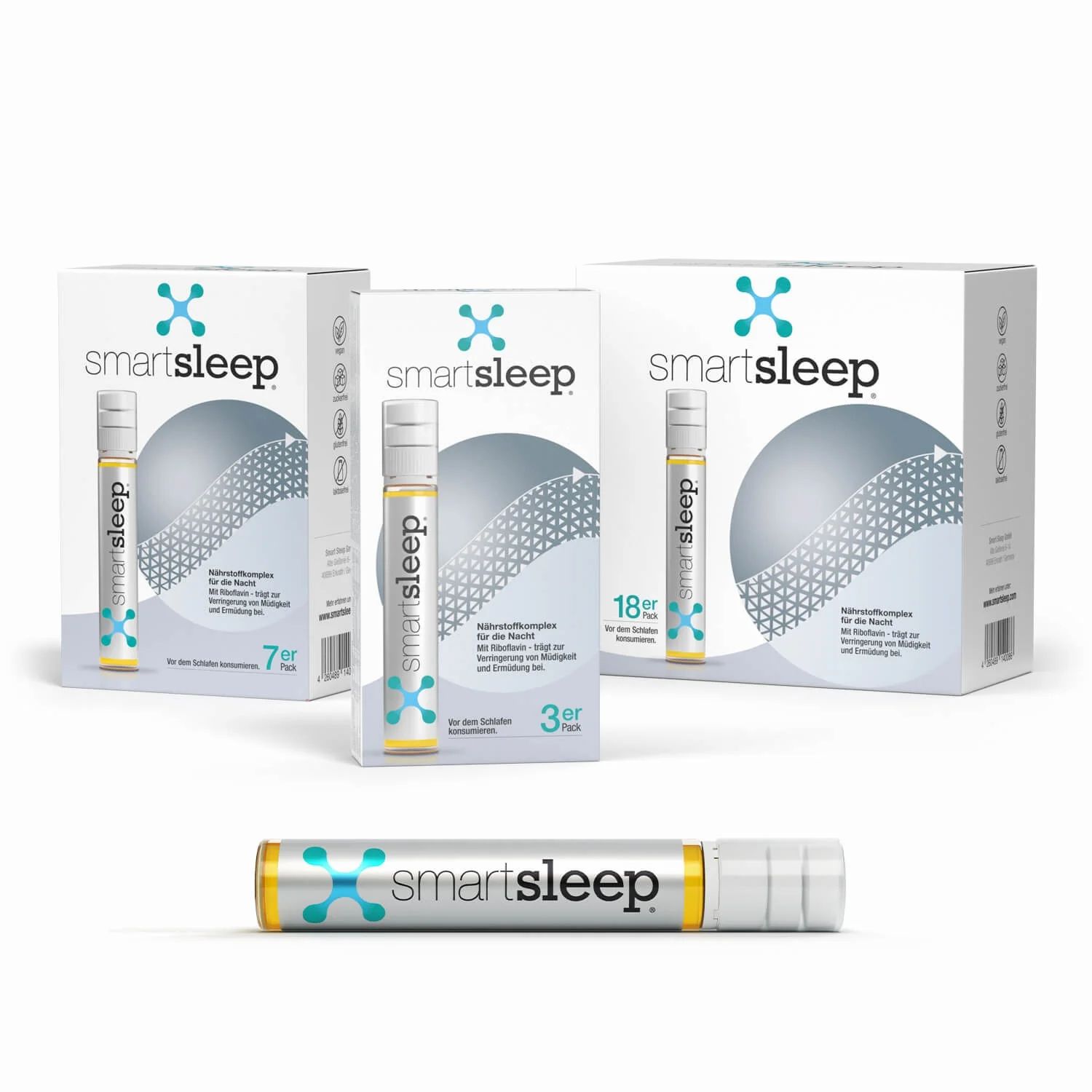 Mehrere Packungen smartsleep® ORIGINAL. Einzelampulle und Packungen mit 3, 7 und 18 Ampullen. Produktlogo und Produktinformationen.