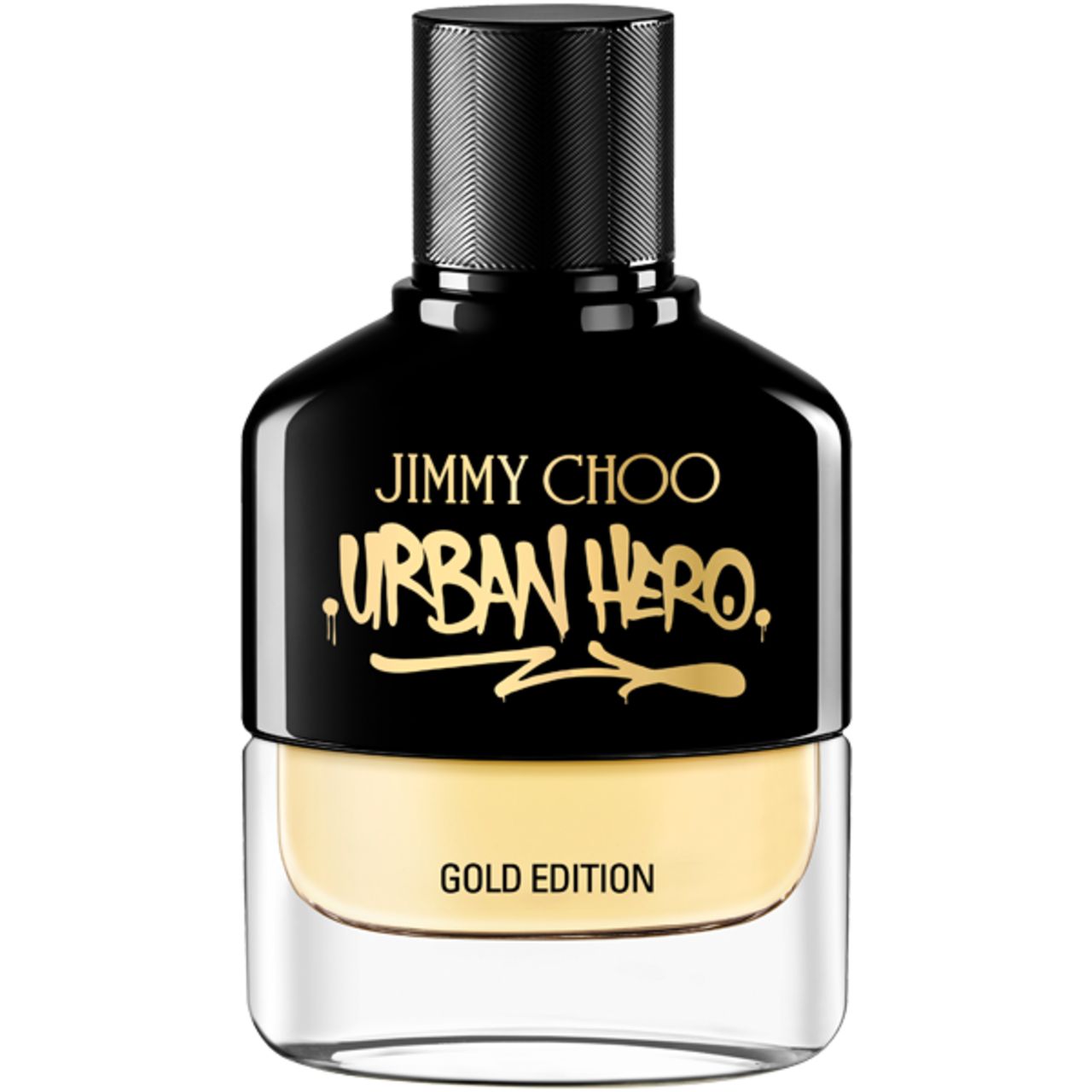 Schwarzer Flakon mit goldfarbenem Inhalt. Aufschrift: Jimmy Choo, Urban Hero, Gold Edition. Schwarzer Verschluss.