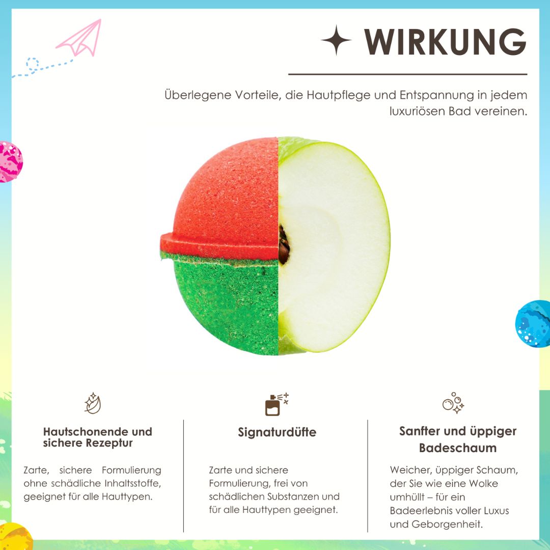 Badebombe, halbiert. Eine Hälfte rot, eine Hälfte grün. Text: Wirkung. Illustrationen von Düften und Schaum.
