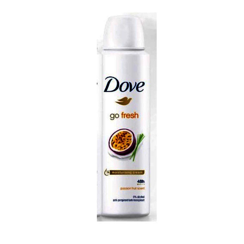 Weißes Deo mit weißem Deckel. Aufschrift Dove go fresh. Abbildung einer Passionsfrucht und Zitronengras. 48h Schutz.