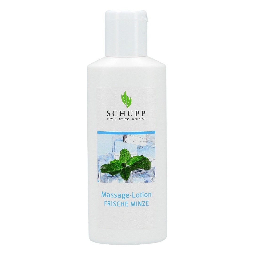 Weiße Flasche mit Klappverschluss. Aufkleber mit Logo, Minze und Text: Massage-Lotion Frische Minze.