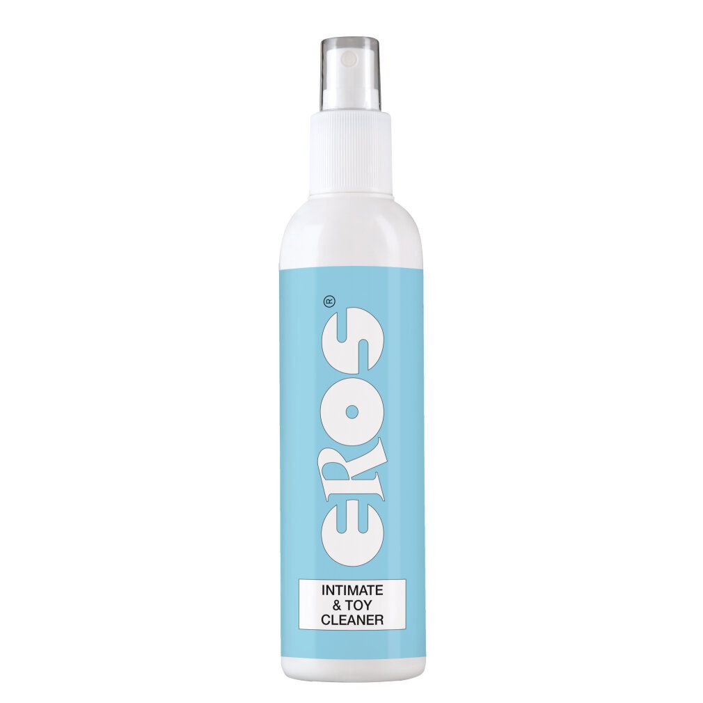 Flasche mit blauem Etikett. Aufschrift: EROS, Intimate & Toy Cleaner. Weißer Sprühkopf.