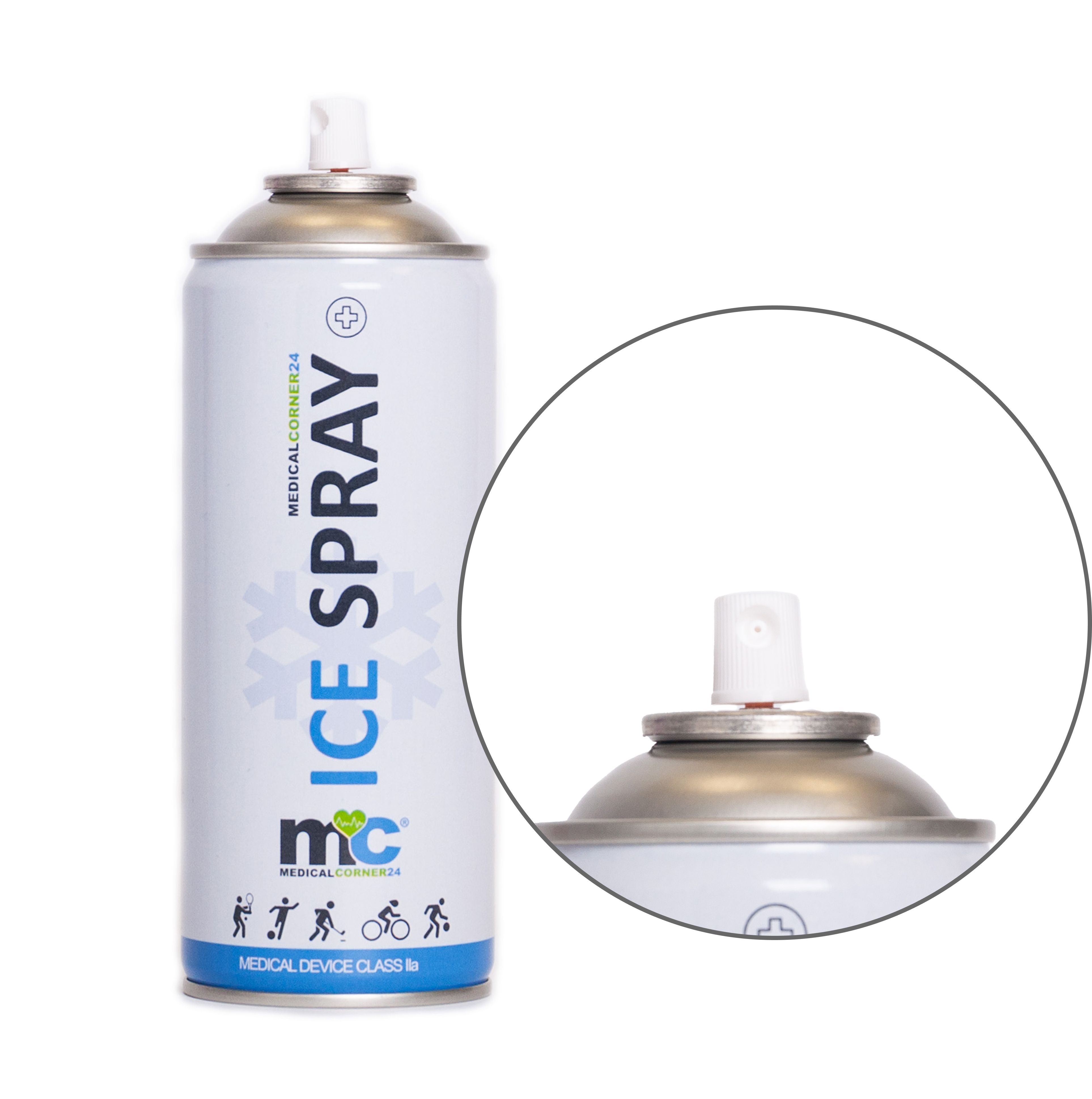 Kältespray-Dose mit silbernem Sprühkopf. Aufschrift: ICE SPRAY, MEDICALCORNER24, Piktogramme. Medizinprodukt. Vergrößerung des Sprühkopfes.