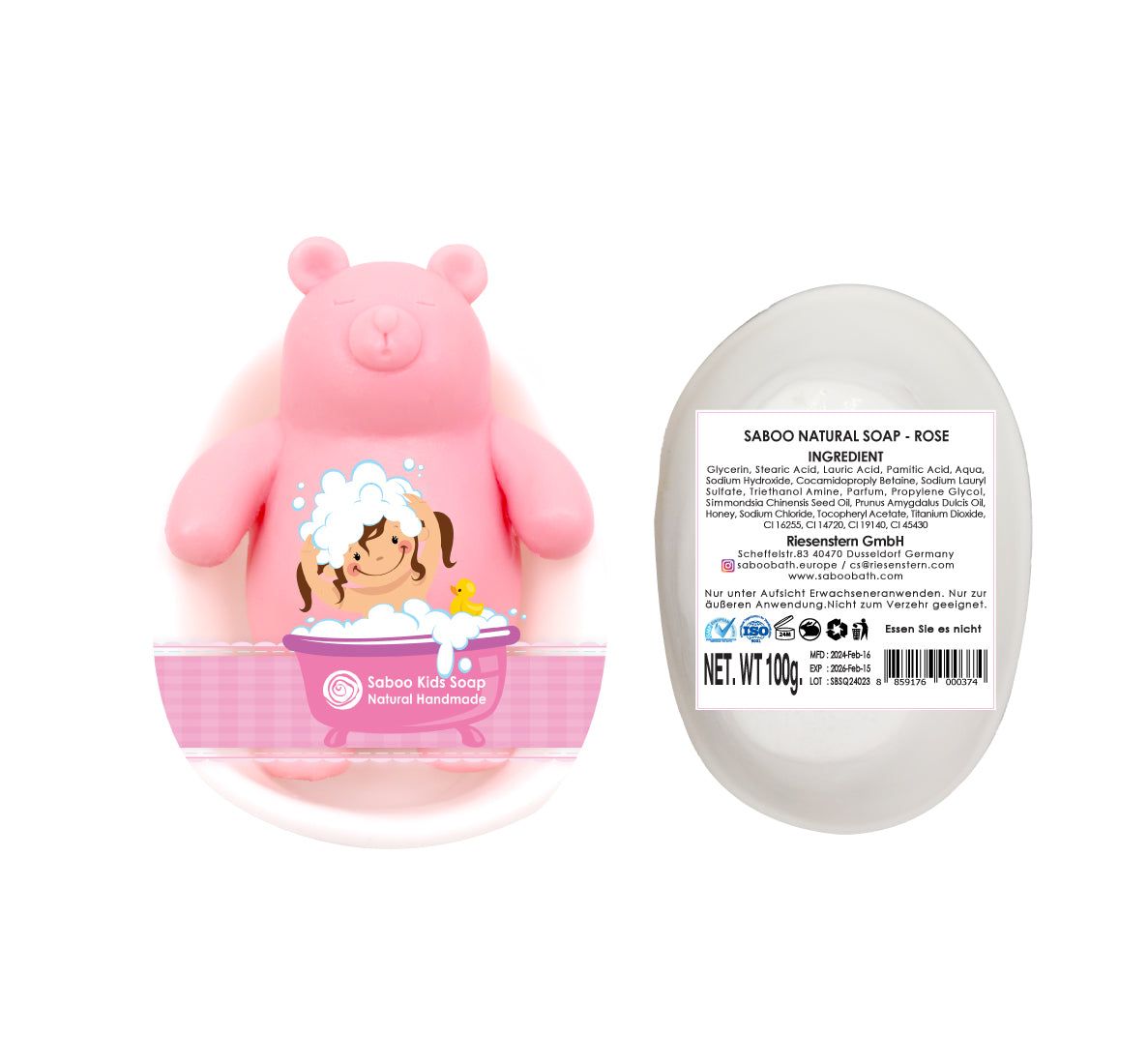 Rosa Bär Seife mit Bade-Motiv und ovale Naturseife mit Etikett. Aufschrift: SABOO Natural Soap - Rose.