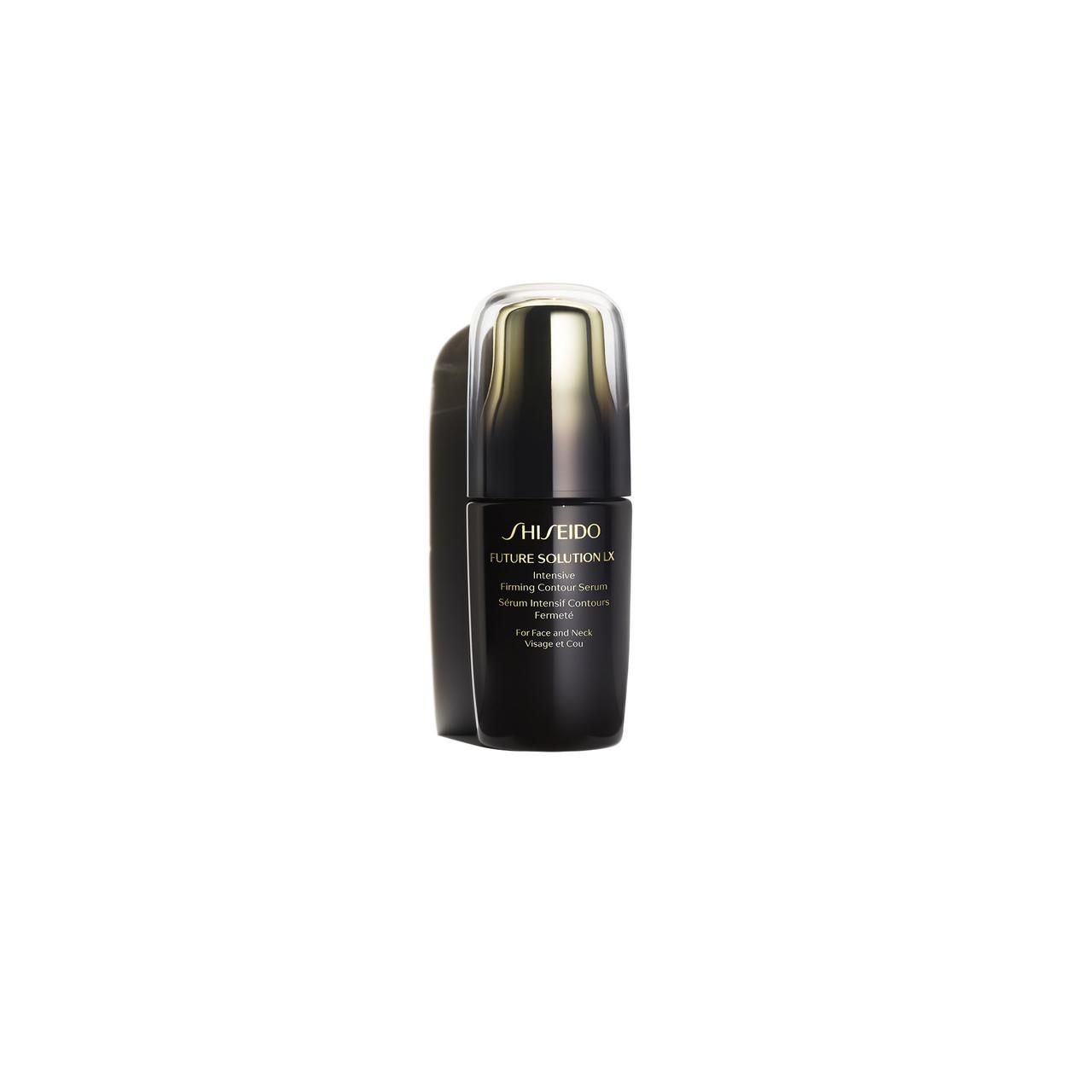 Schwarze Flasche mit goldfarbenem Deckel. Schriftzug: Shiseido, Future Solution LX. Produktbezeichnung und Anwendungsbereich.