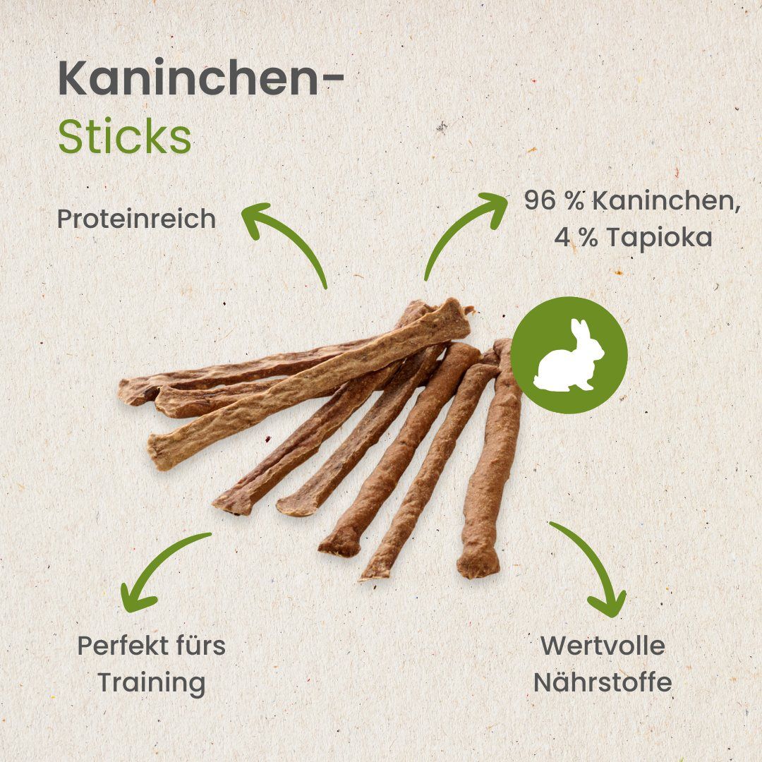 Kaninchen-Sticks für Hunde, ca. 12-18 cm lang, ca. 5g pro Stück.