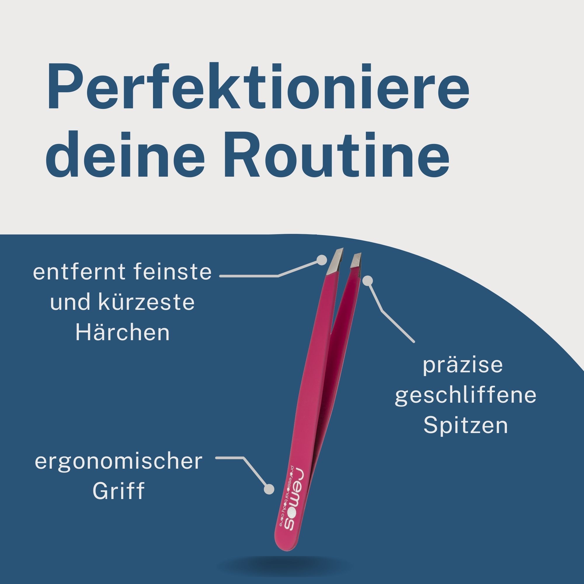 REMOS Pinzette mit ergonomischem Griff und präzise geschliffenen Spitzen zum Entfernen feinster Härchen.