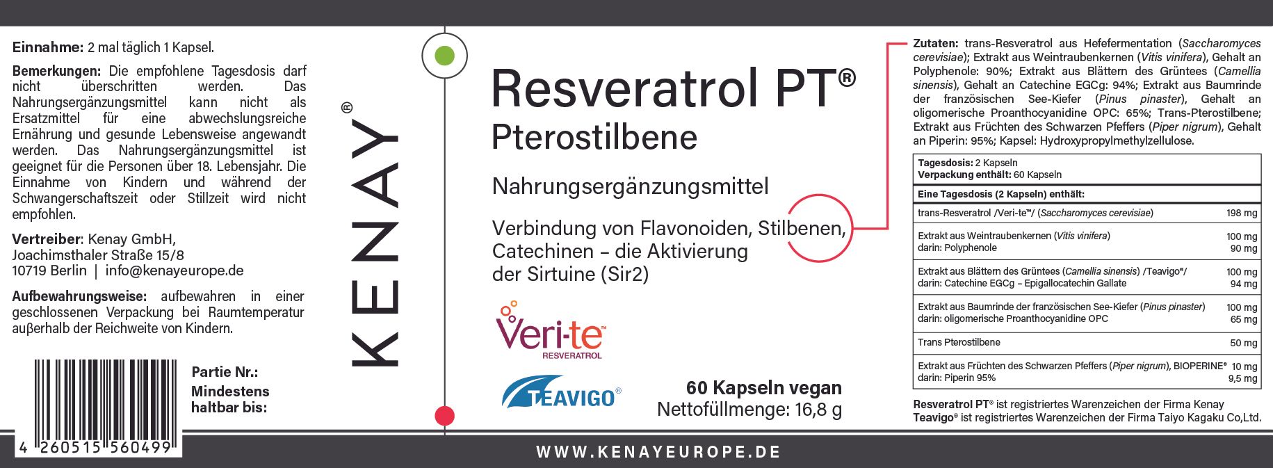 Etikett mit Produktinformationen. Resveratrol PT Pterostilbene, Nahrungsergänzungsmittel. KENAY® Logo. 60 Kapseln vegan. Veri-te.