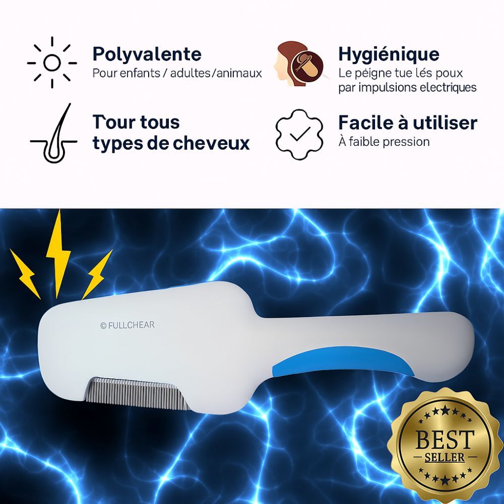 Elektrischer Läusekamm von Fullchear mit blauen Akzenten, umgeben von Blitzen.
