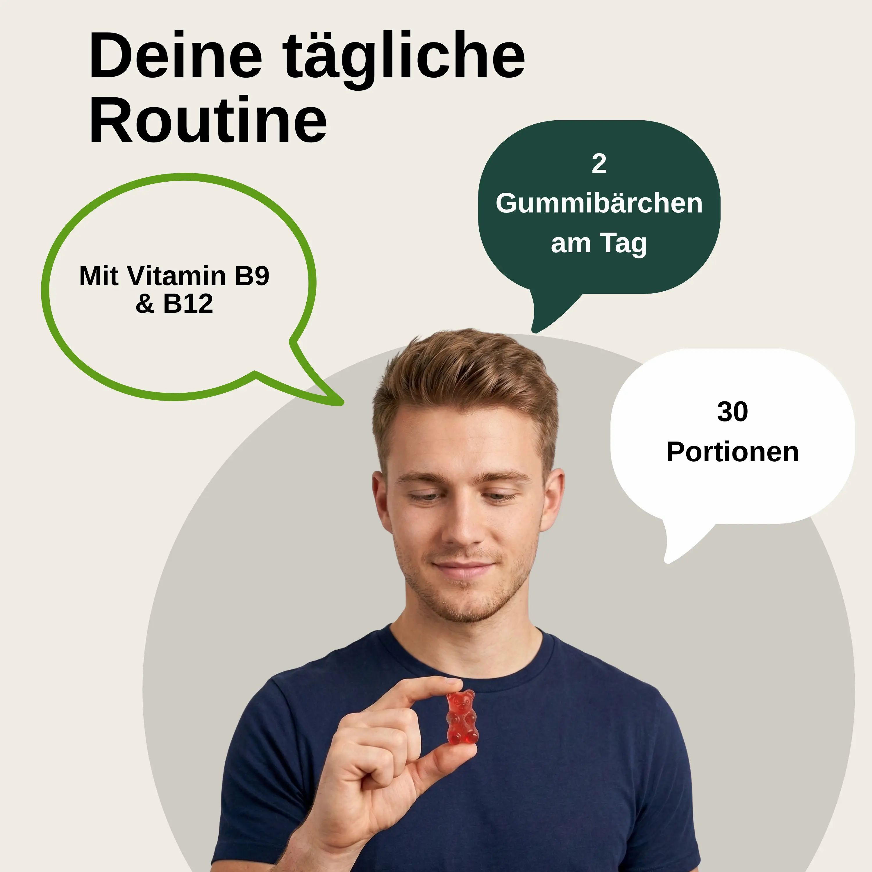 Mann hält einen roten Apfelessig Gummibären, Sprechblasen mit Vitamin B9/B12, 2 Gummibärchen pro Tag und 30 Portionen.