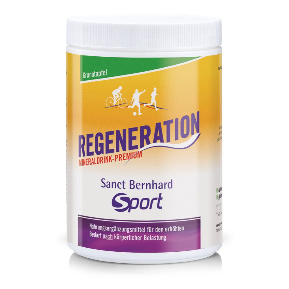 Weißer Behälter mit gelb-grünem Etikett. Aufschrift: Regeneration Mineraldrink-Premium, Sanct Bernhard Sport. Abbildung von Sportlern.