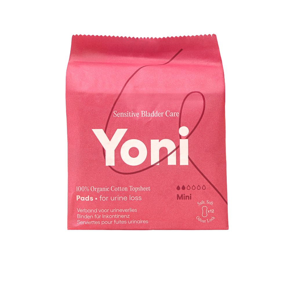 Rosa Verpackung mit Produktnamen Yoni. Aufschrift: Pads für Urinverlust. Mini-Größe.