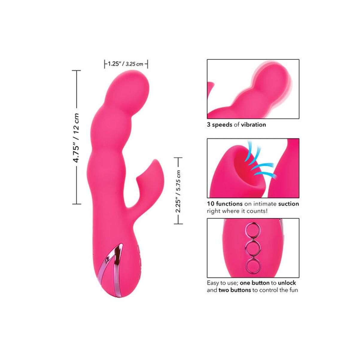 Pinkfarbener Vibrator mit Maßangaben. Enthält Text: 3 Vibrationsgeschwindigkeiten, 10 Funktionen, eine Taste zum Entsperren und zwei zur Steuerung.