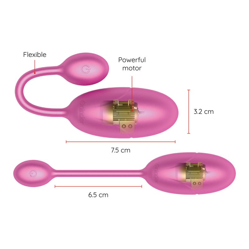 Rosa Ei-förmiges Produkt mit flexiblem Stiel. Maße: 7,5 cm lang, 3,2 cm hoch. Mit 'Powerful motor' beschriftet.