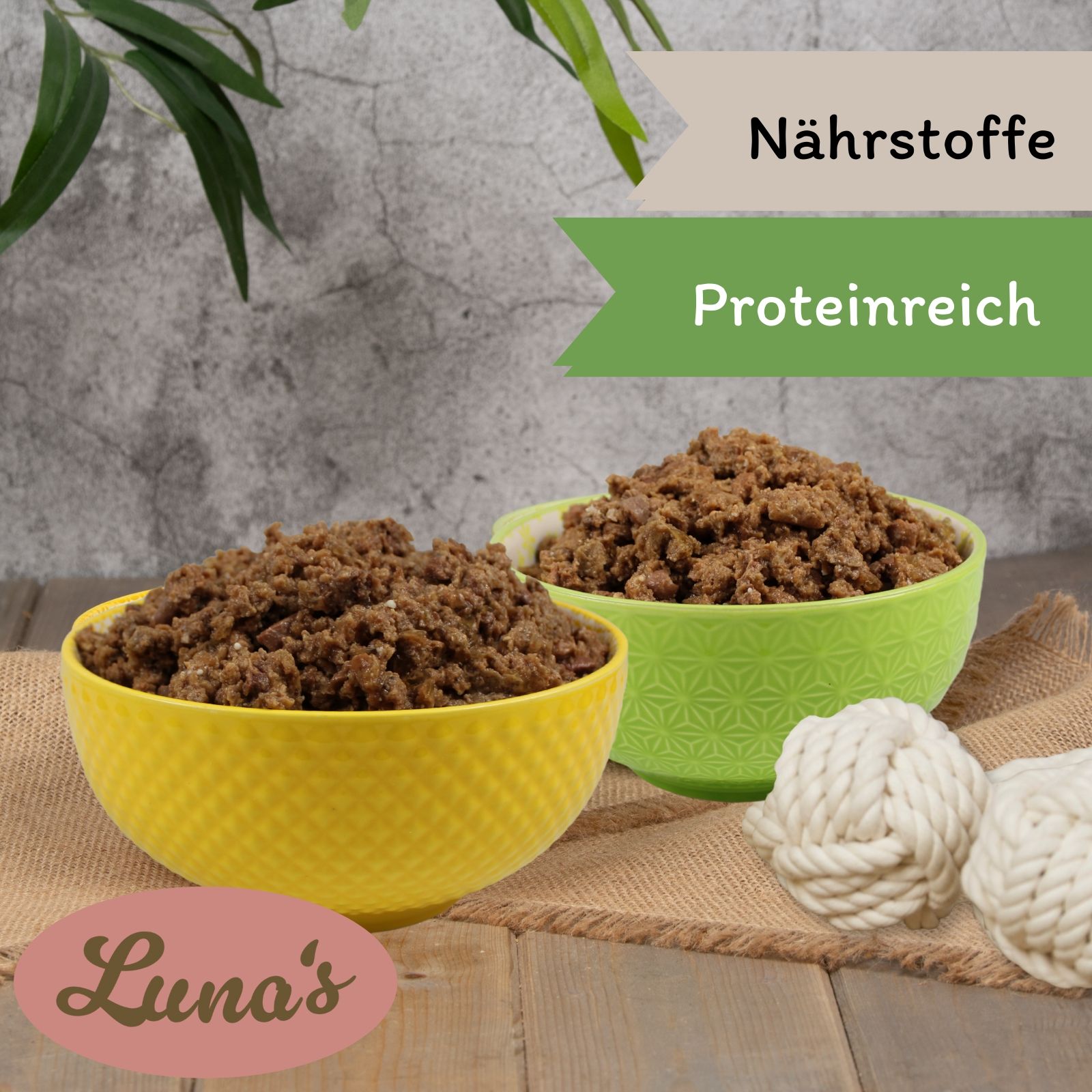 Hundefutter in gelben und grünen Schalen. Text: Nährstoffe, proteinreich. Logo: Luna's.