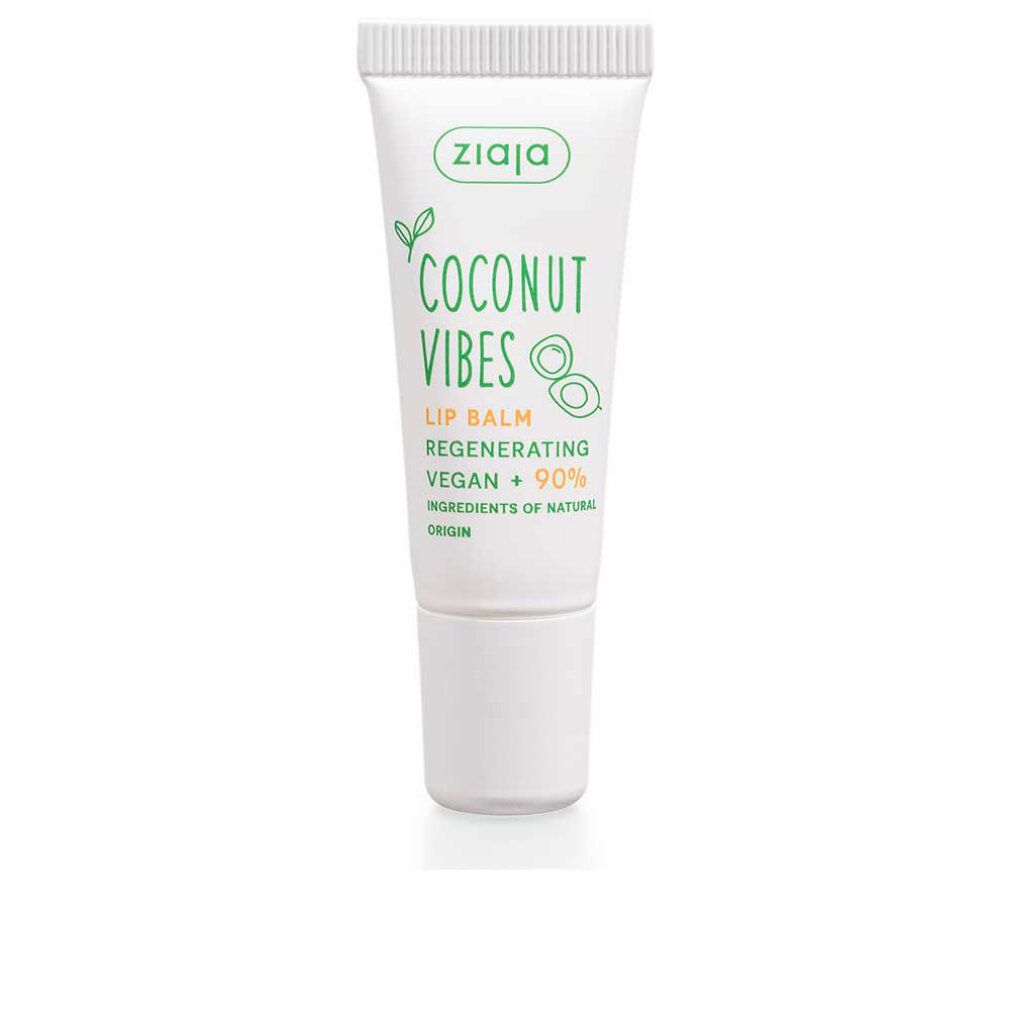 Weiße Tube mit grünem Aufdruck. Schriftzug: Coconut Vibes, Lip Balm, Regenerating, Vegan + 90%. Marke: Ziaja.