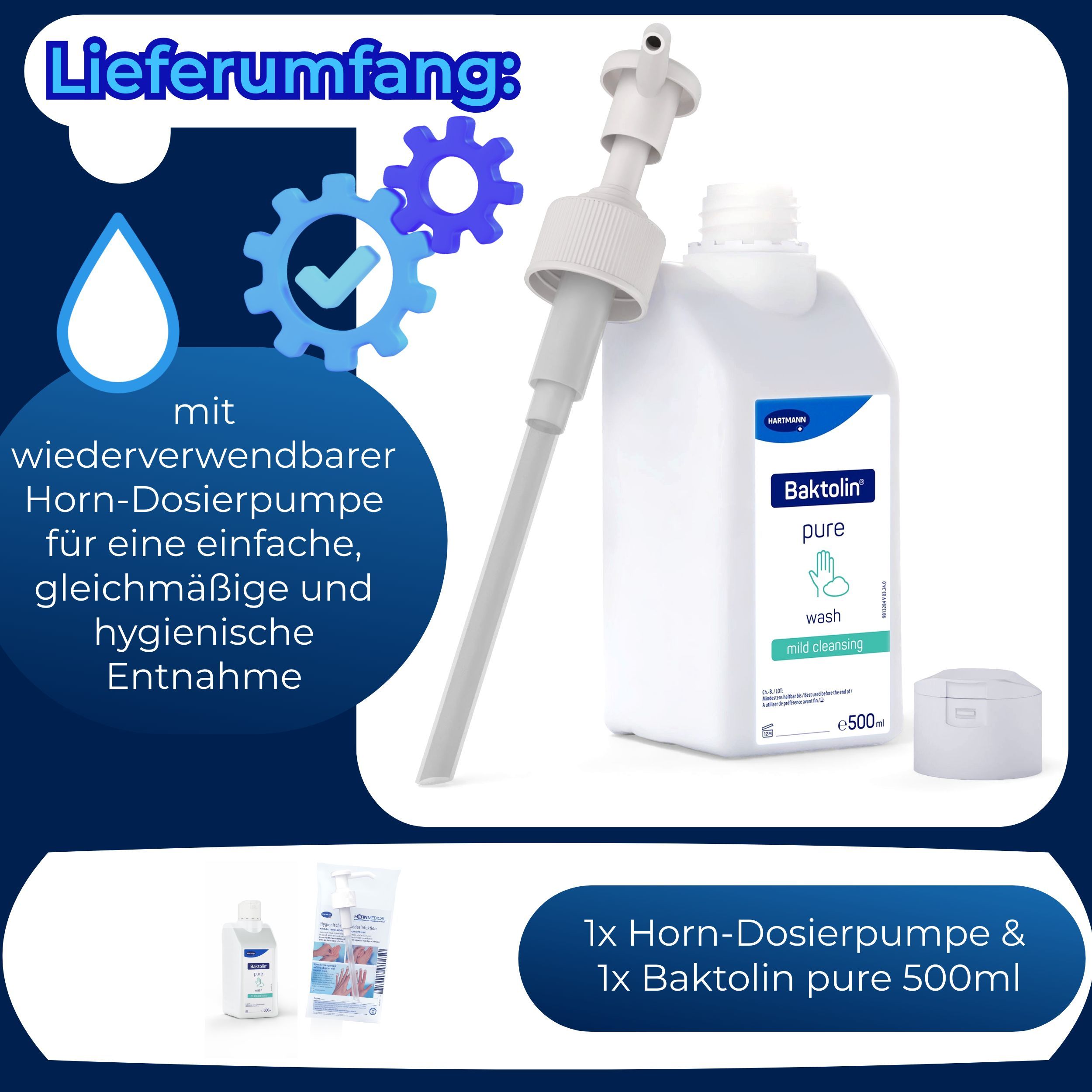 Lieferumfang: Horn-Dosierpumpe und Baktolin pure 500ml. Wiederverwendbare Pumpe für einfache, hygienische Entnahme.