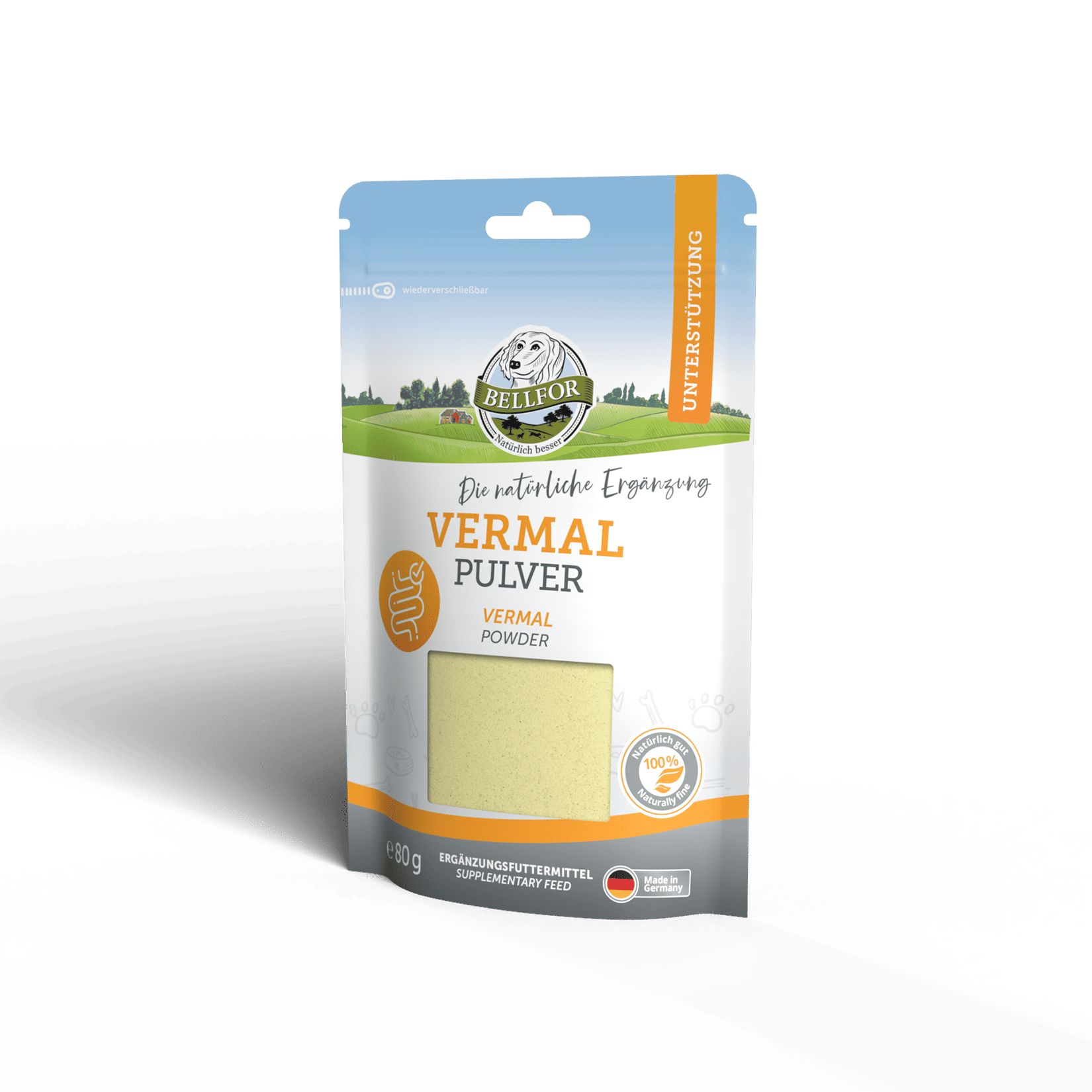 Beutel Vermal Pulver. Text: Vermal Pulver, 80g. Logo: Bellfor. Hintergrund: grüne Wiese.