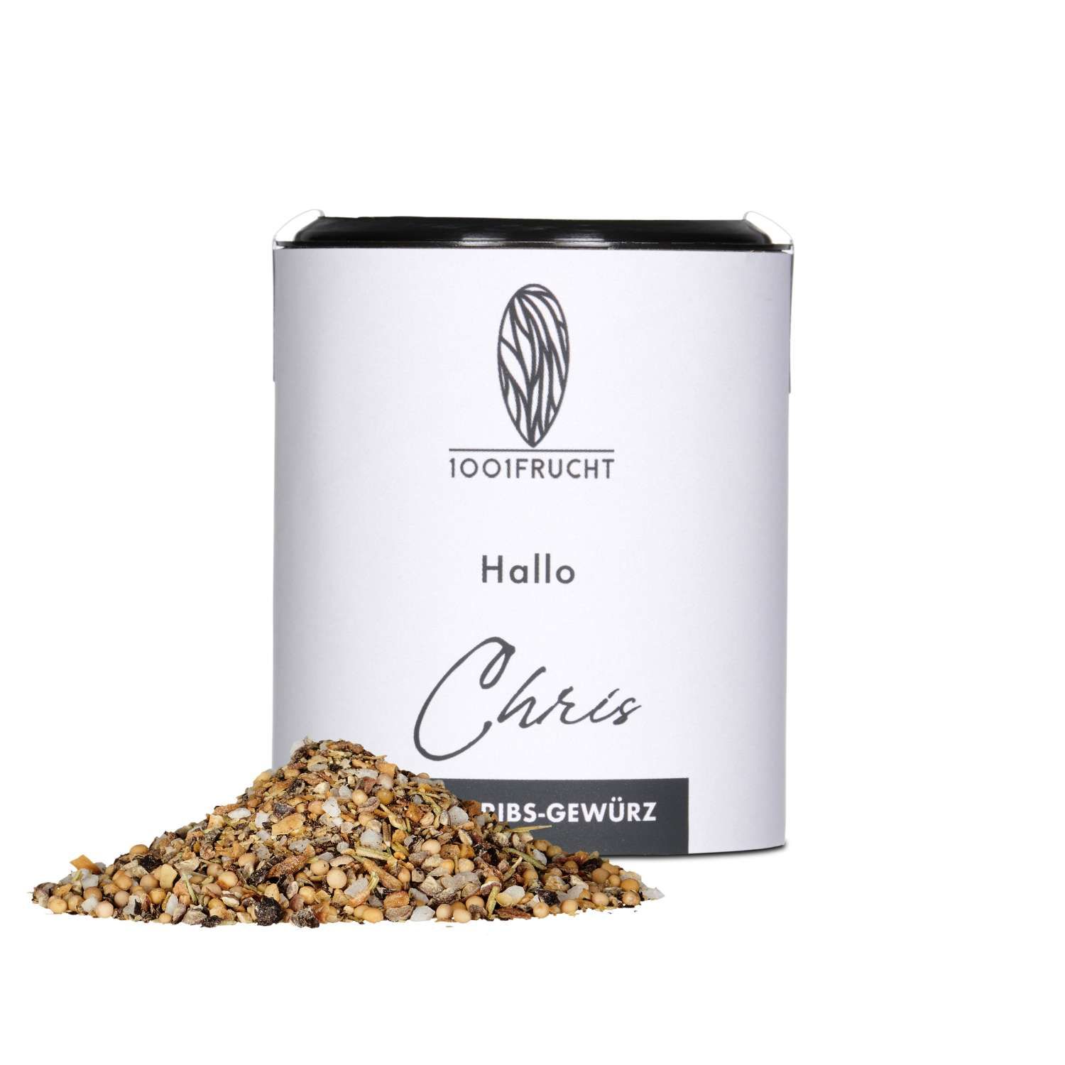 Zylindrische Dose mit Gewürzmischung. Aufschrift "1001Frucht", "Hallo Chris" und "RIB-Gewürz". Gewürze auf weißem Hintergrund.