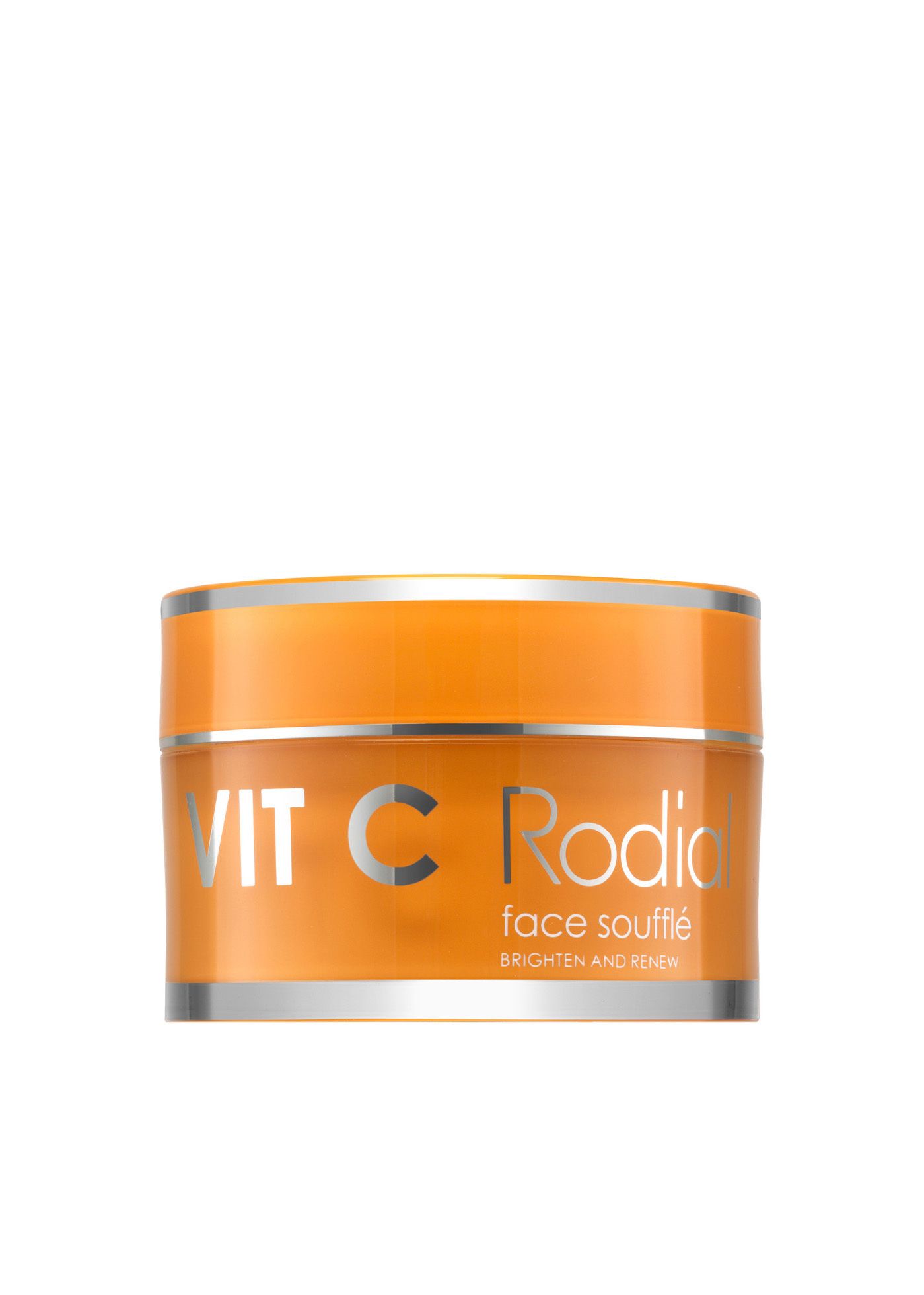 Orangefarbener Tiegel mit silbernem Rand. Aufschrift: Vit C Rodial face soufflé. Untertitel: BRIGHTEN AND RENEW.