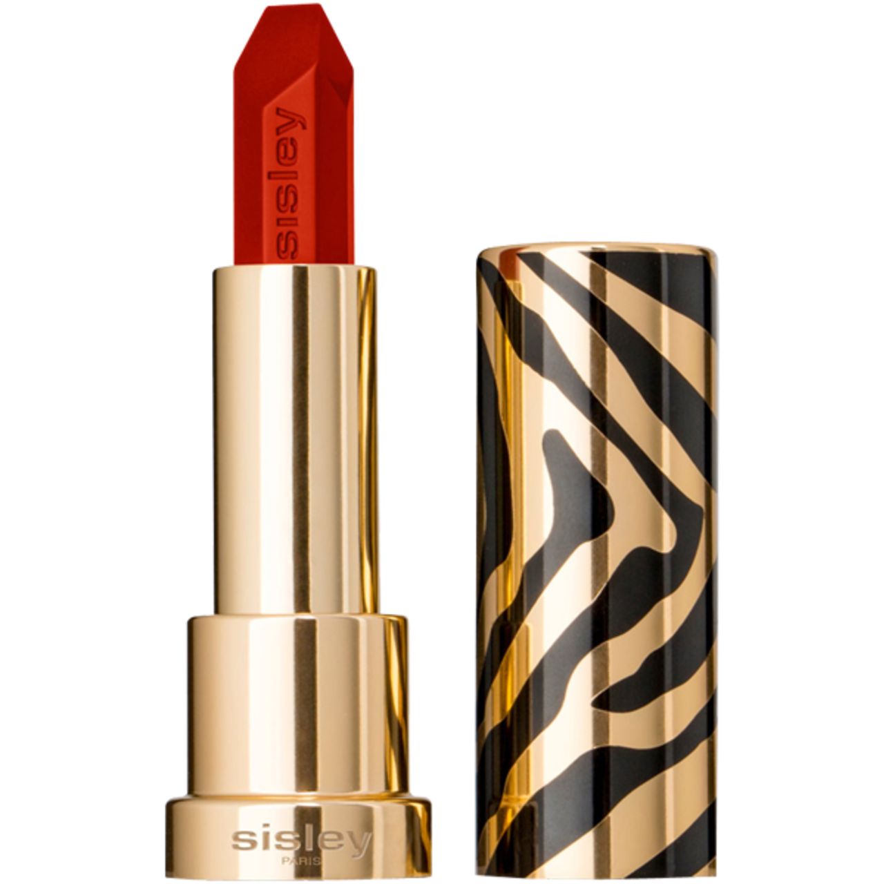 Roter Lippenstift mit goldener Hülse und Zebra-Muster. Marke Sisley. Der Lippenstift ist geöffnet.