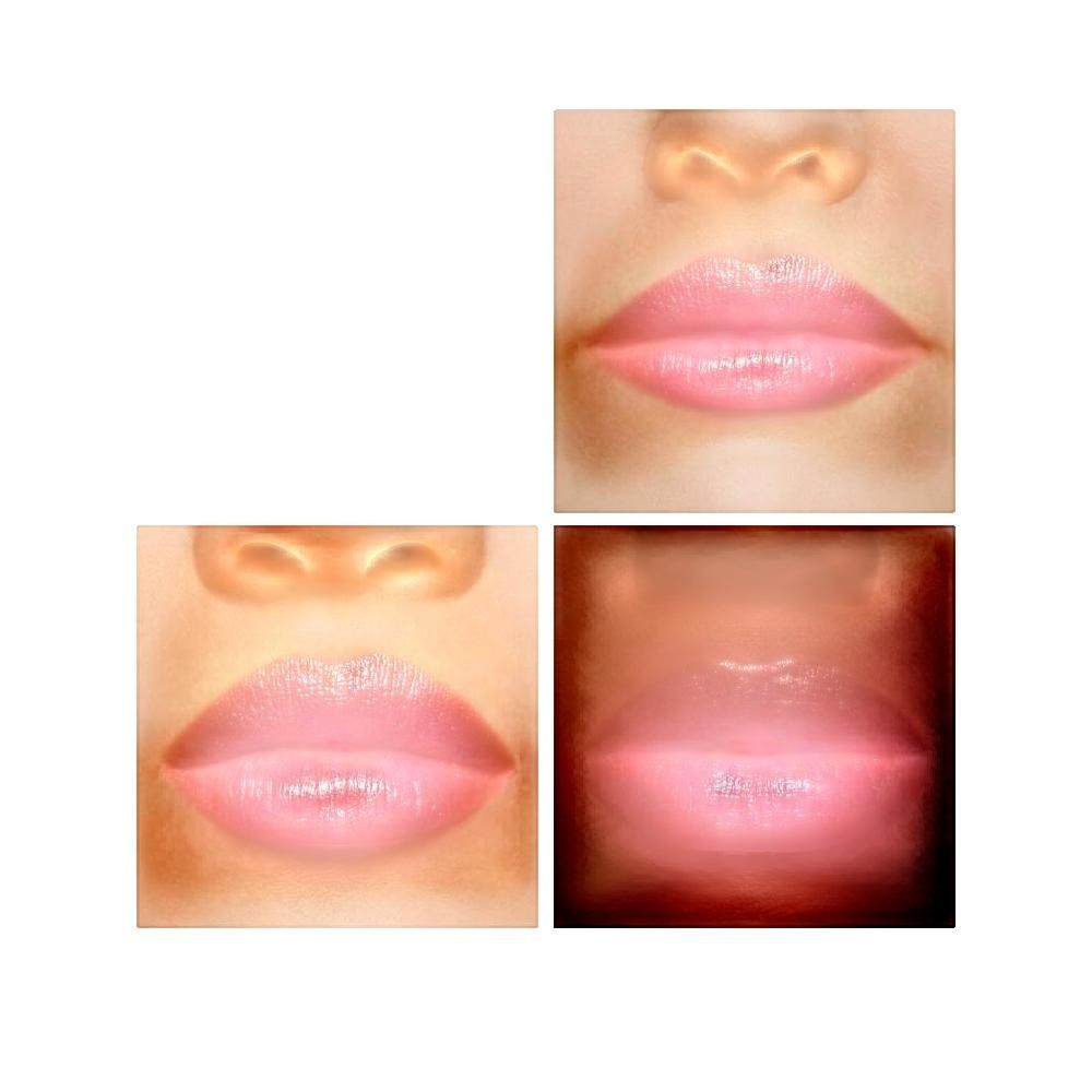 Vier Nahaufnahmen von Lippen, die mit einem rosa Produkt bedeckt sind.