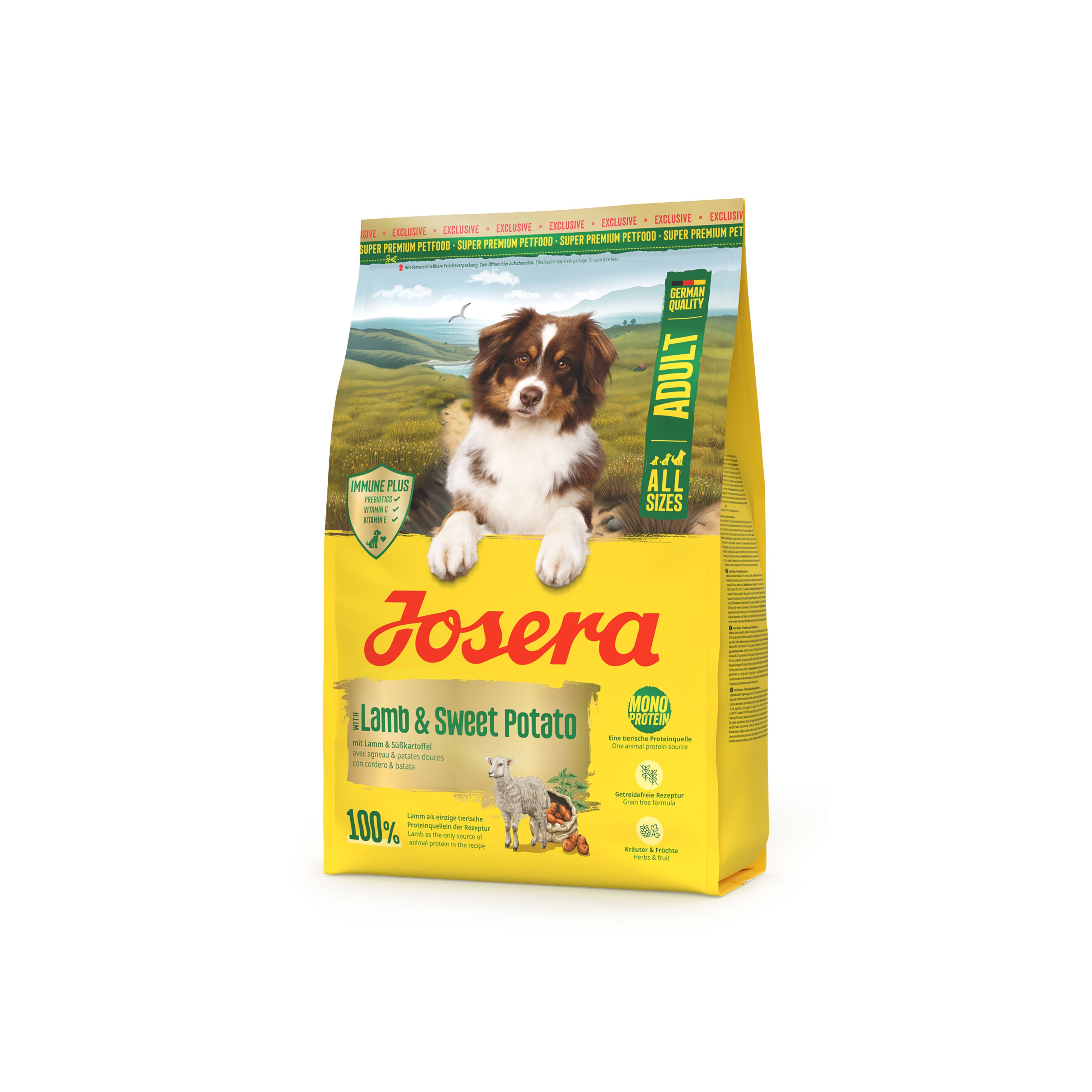 Gelbe Verpackung mit Hund, Produktname und Logo. Enthält "Lamb & Sweet Potato" und "Adult".