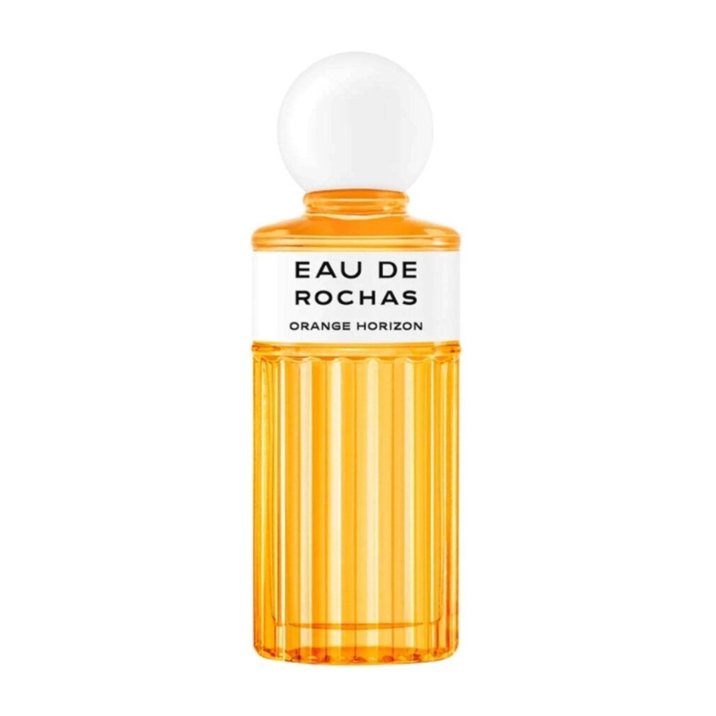 Eau de Rochas Orange Horizon Eau de Toilette Flakon mit weißem Verschluss und geripptem Glas.