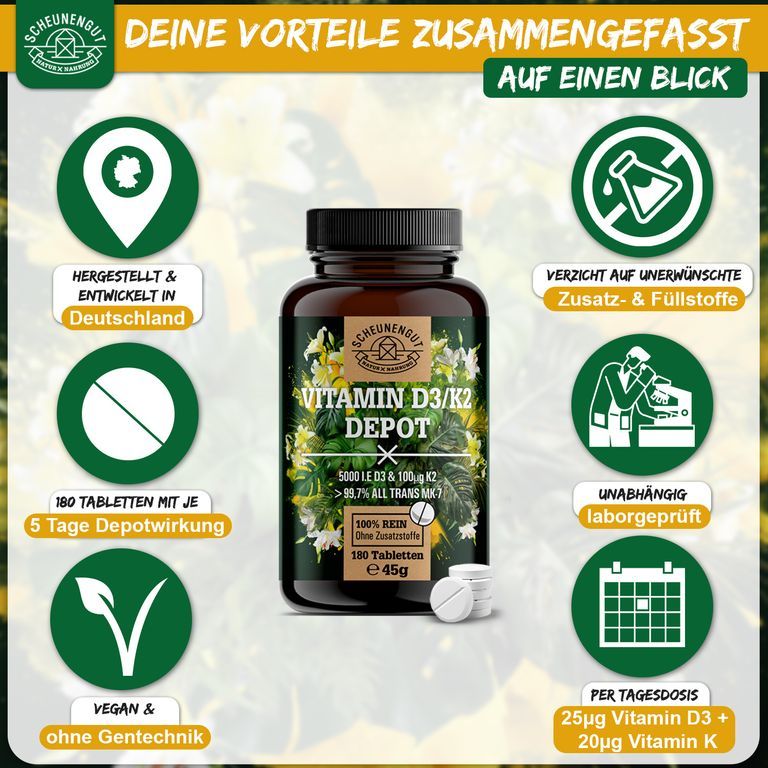 Flasche Scheunengut Vitamin D3/K2 Depot mit Übersicht der Vorteile. 180 Tabletten.