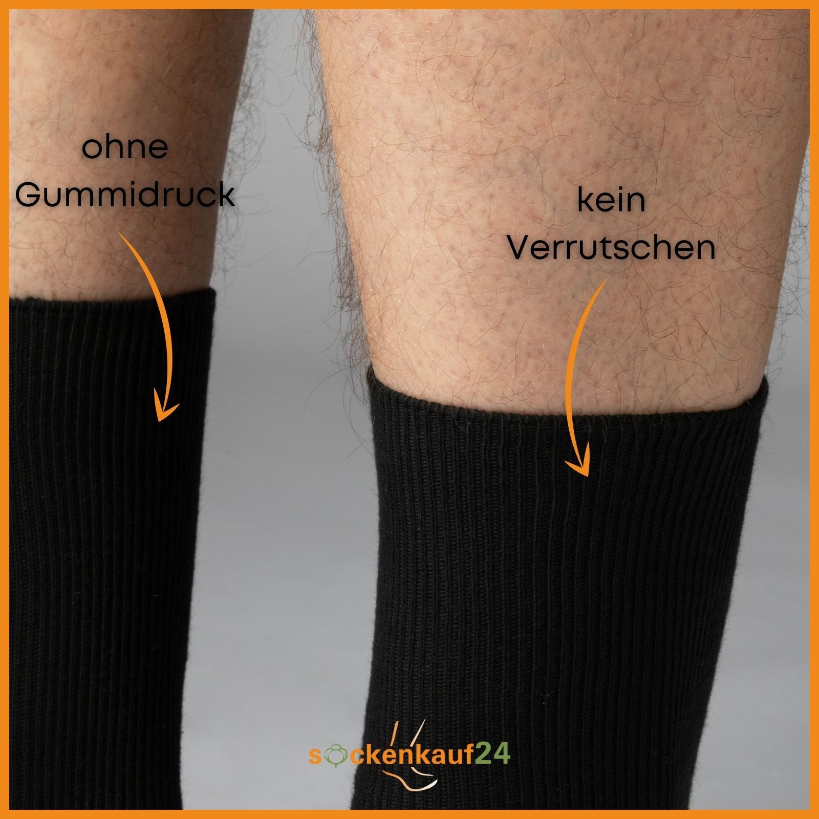 Schwarze Socke am Bein. Ohne Gummidruck. Kein Verrutschen.