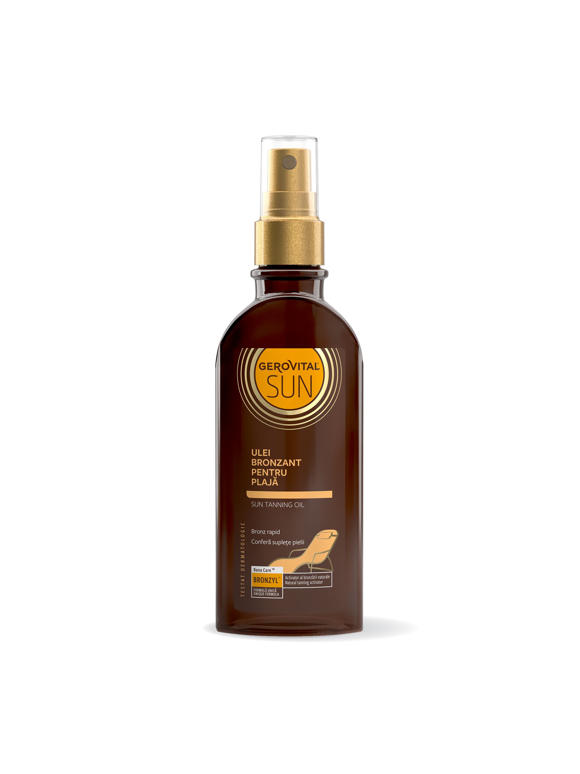 Braunes Gerovital Sun Bräunungsöl mit Sprühkopf. Aufschrift: Ulei Bronzant Pentru Plaja, Sun Tanning Oil.